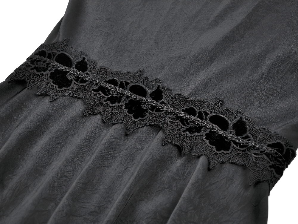 Gothic Lace Kimono Sleeved High Low Midi Dress features intricate black lace detailing on the waist.