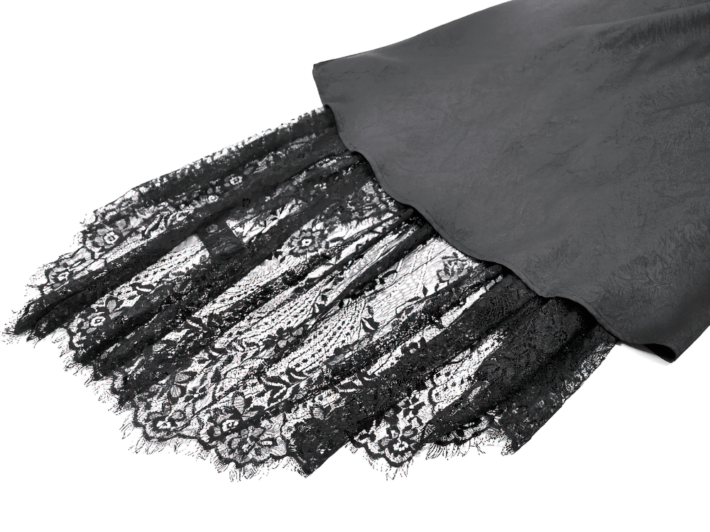 Gothic Lace Kimono Sleeved High Low Midi Dress black lace detail showcasing intricate lace hem and flowing fabric.