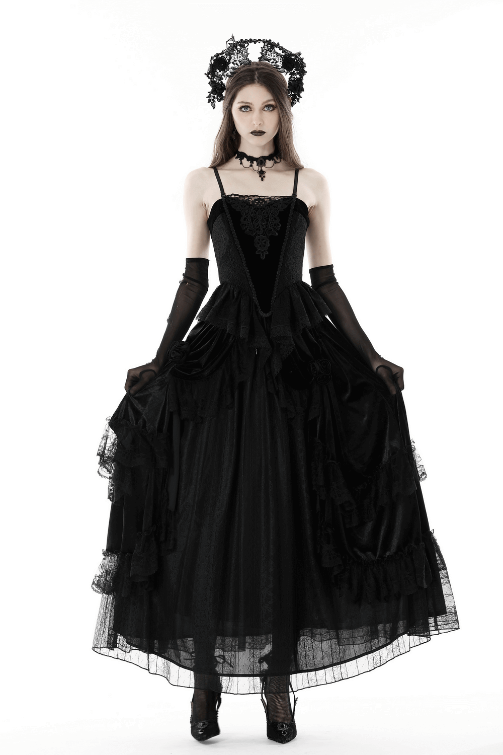 Gothic Lace Layered Maxi Skirt with Victorian-Inspired Design