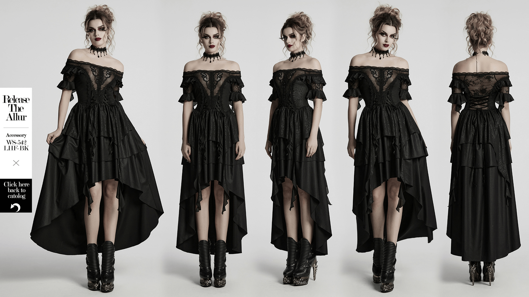 Gothic lace off-shoulder maxi dress for women, featuring a high-low cut, ruffled sleeves, and dramatic layered styling.
