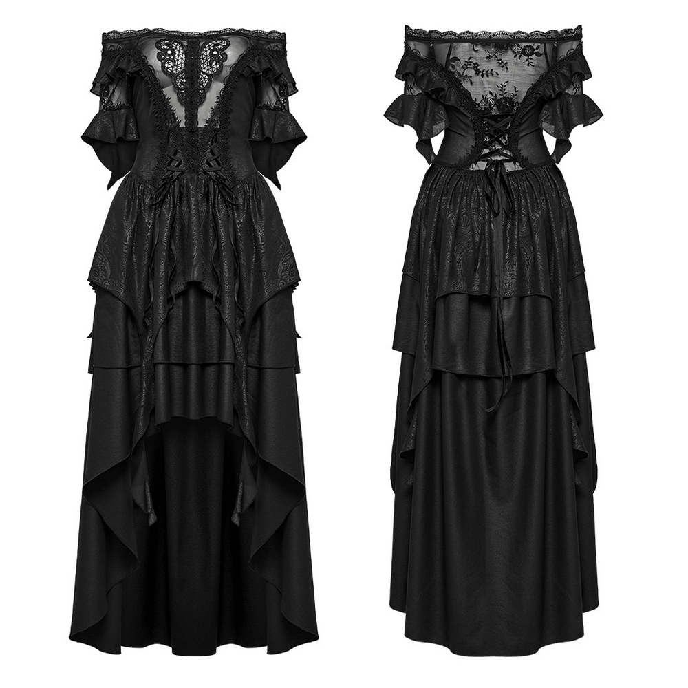 Gothic lace layered off-shoulder maxi dress for women featuring ruffled sleeves and high-low cut.