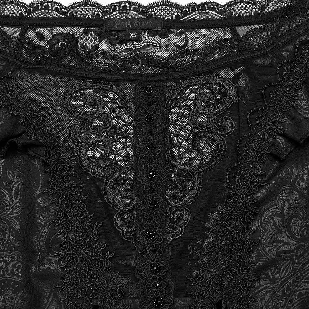 Close-up of intricate lace detailing on the Gothic Lace Layered Off Shoulder Maxi Dress in black.