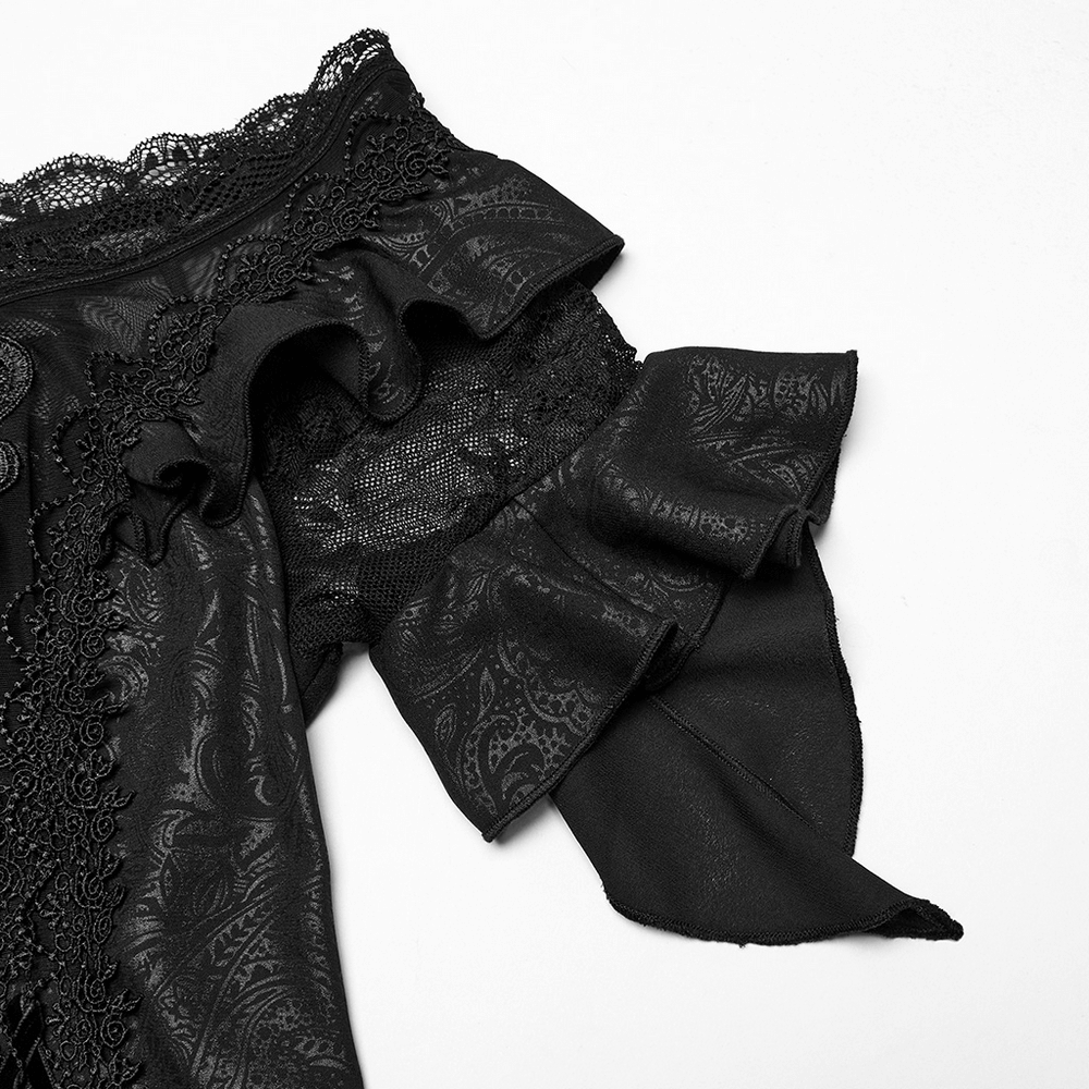 Elegant off-shoulder black lace dress sleeve with ruffles and intricate detailing, perfect for gothic-inspired fashion.