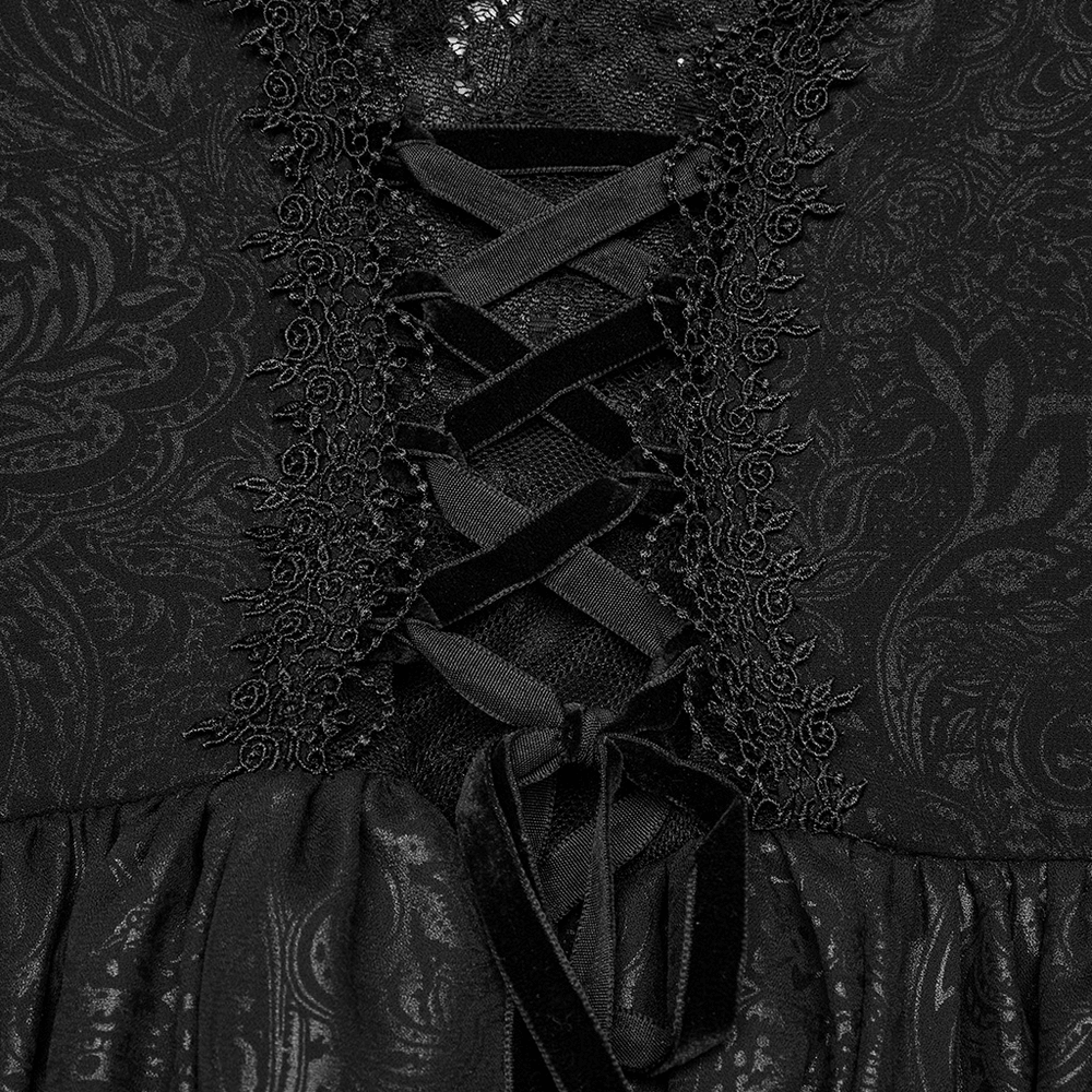 Close-up of gothic lace detailing and corset-style lacing on an off-shoulder maxi dress for women.