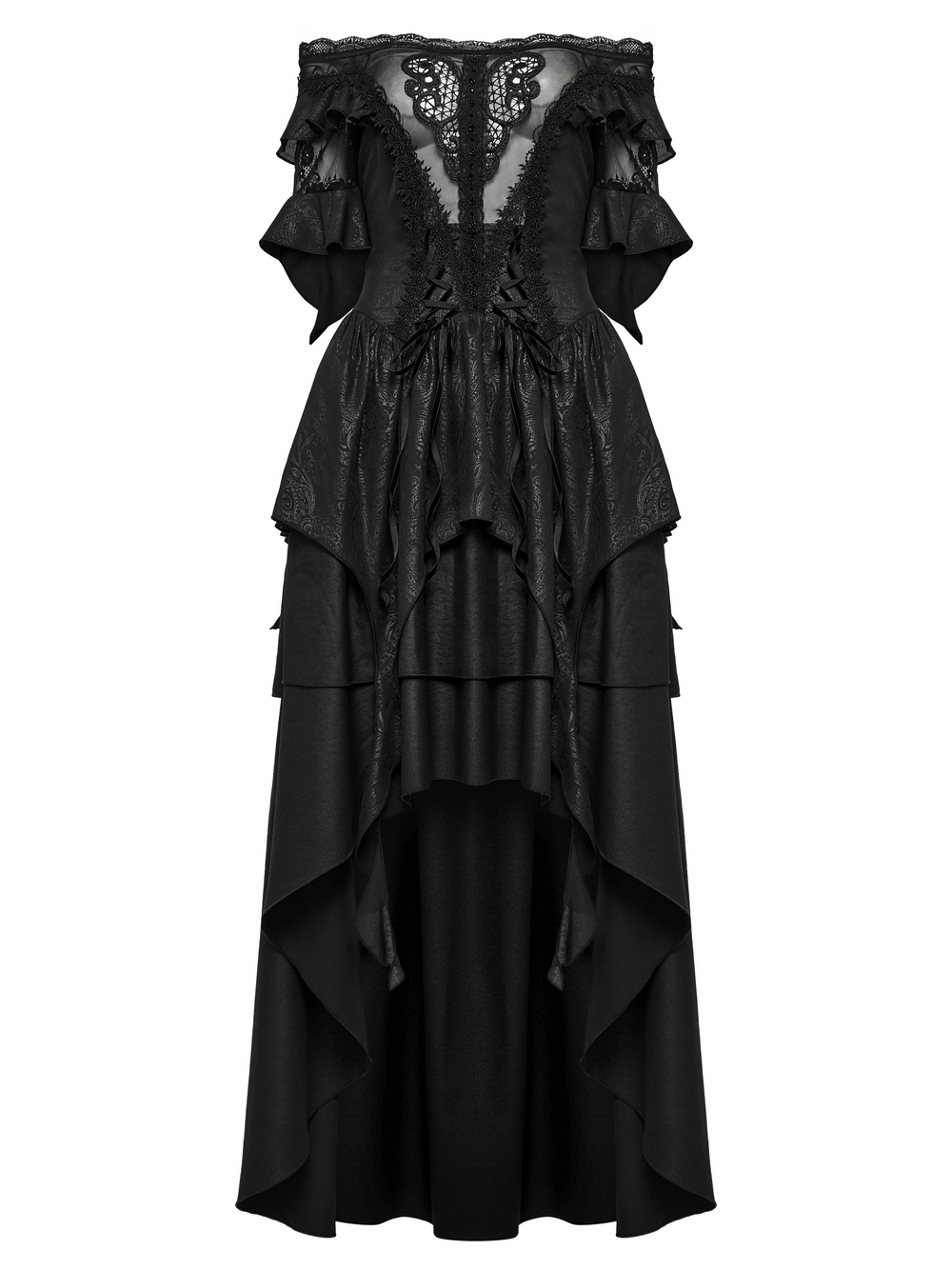 Gothic lace off-shoulder maxi dress with ruffled sleeves and high-low cut, perfect for dark elf-inspired looks.