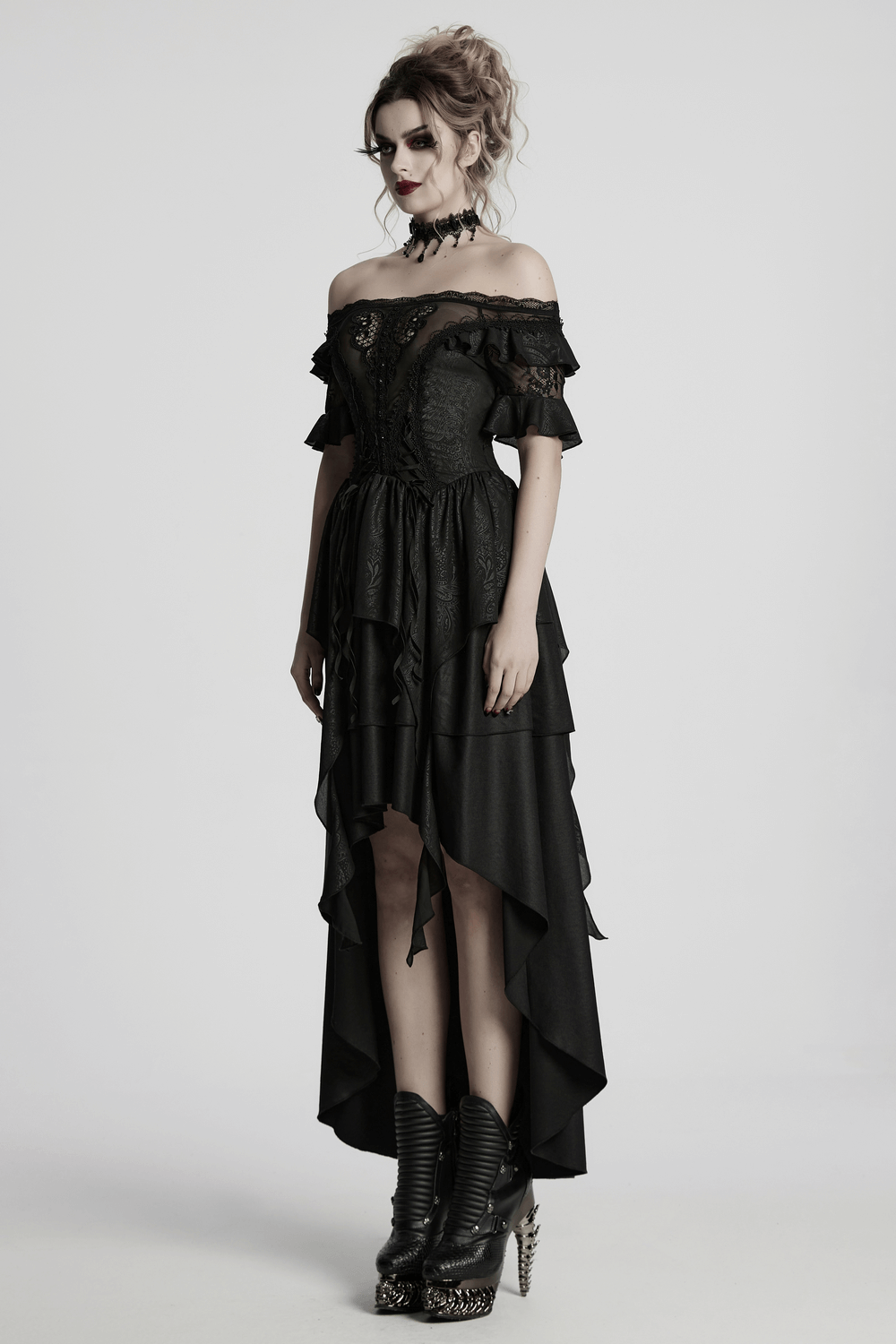 Gothic lace layered off-shoulder maxi dress for women, featuring ruffled sleeves and high-low cut design.