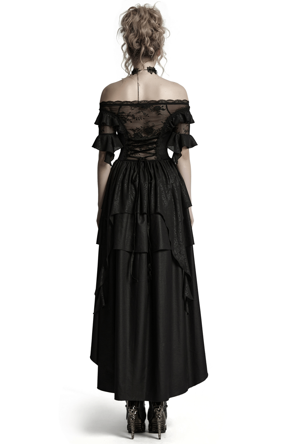 Elegant gothic off-shoulder maxi dress featuring ruffled layers and lace details, perfect for a dark fantasy look.