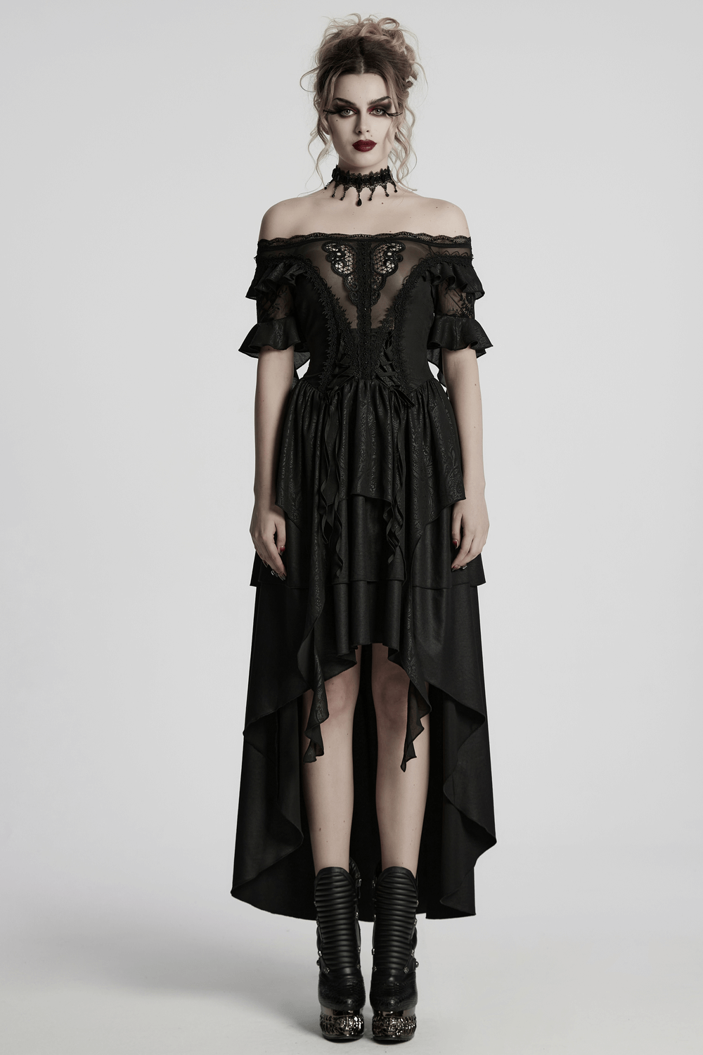 Gothic lace layered off-shoulder maxi dress with ruffled sleeves and high-low cut for a dramatic look.