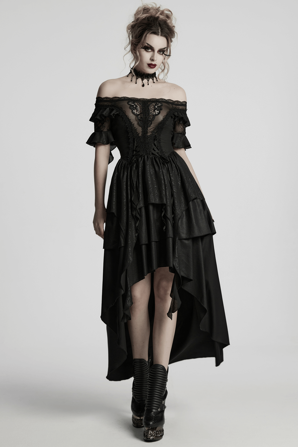 Gothic lace off-shoulder maxi dress for women featuring ruffled sleeves and high-low cut, perfect for dark elf-inspired looks.