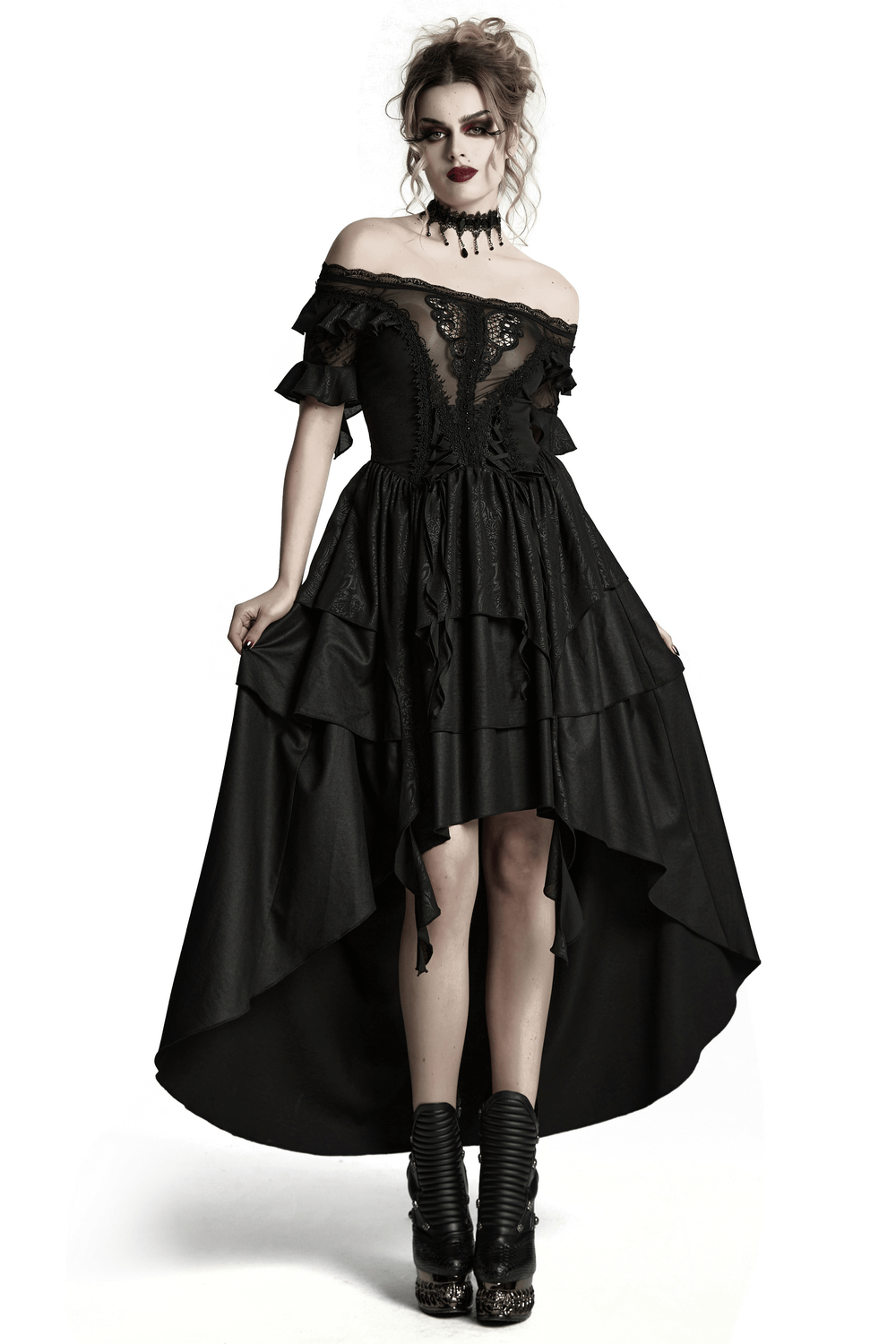 Gothic lace layered off shoulder maxi dress with ruffled sleeves and high-low hem, perfect for dark elf-inspired style.