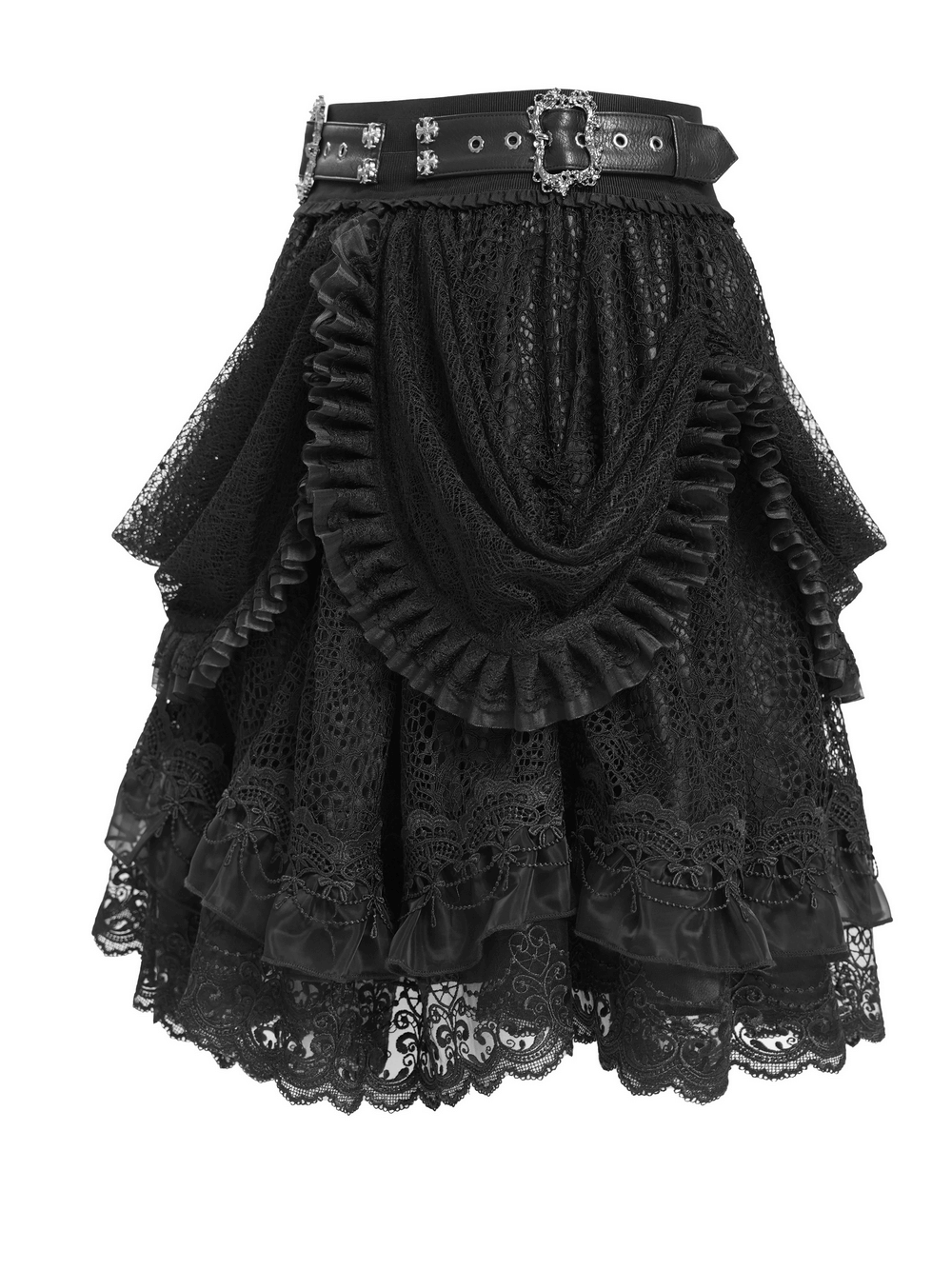 Gothic lace layered skirt with belts and ruffled drapes, perfect for steampunk and Victorian-inspired outfits.