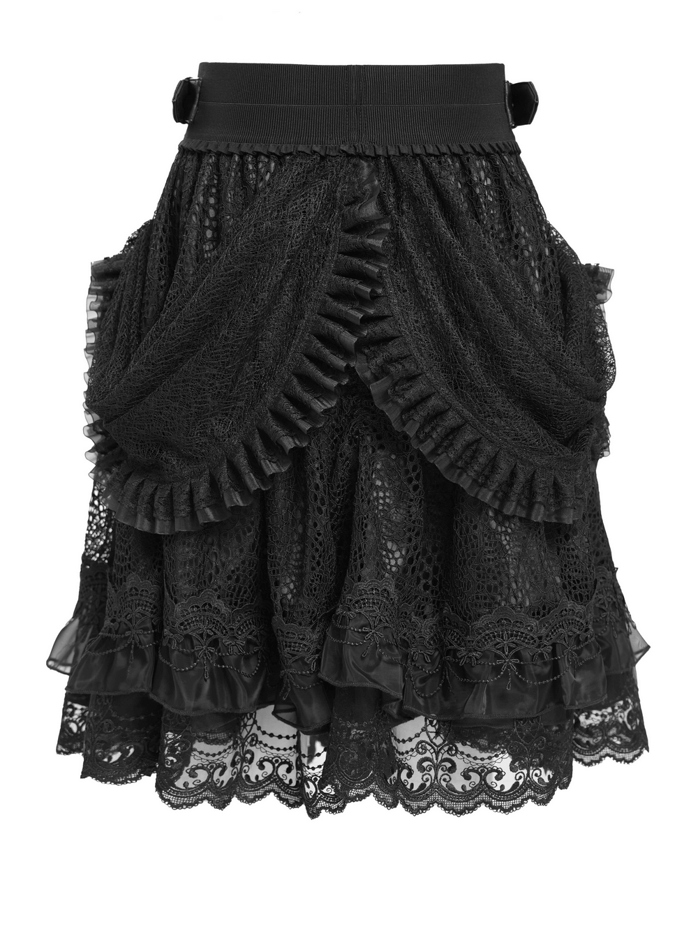 Gothic lace layered skirt with belts, featuring ruffled drapes and intricate lace trim, perfect for steampunk fashion.