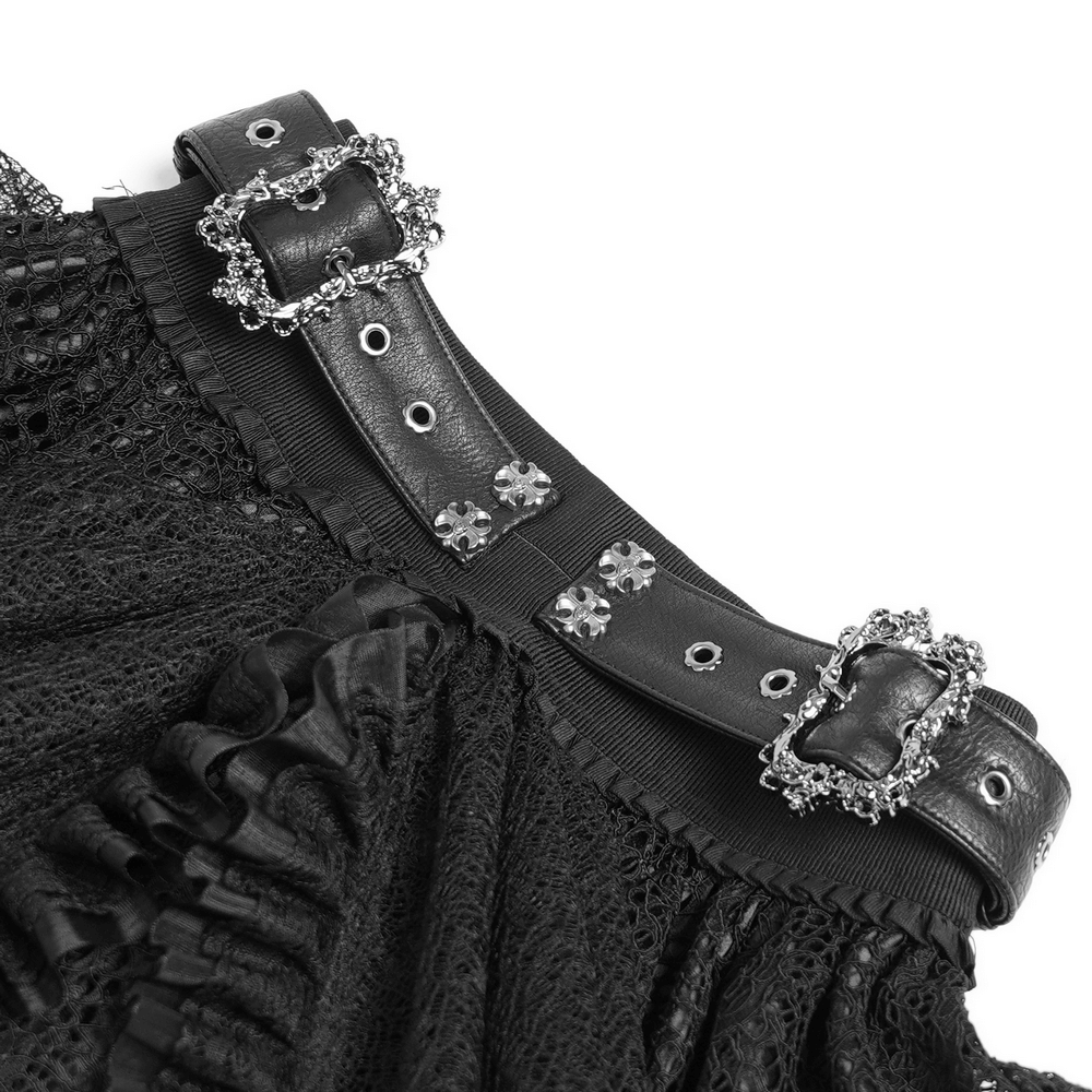 Close-up of gothic lace skirt with dual buckle belts and ornate detailing, perfect for steampunk fashion.