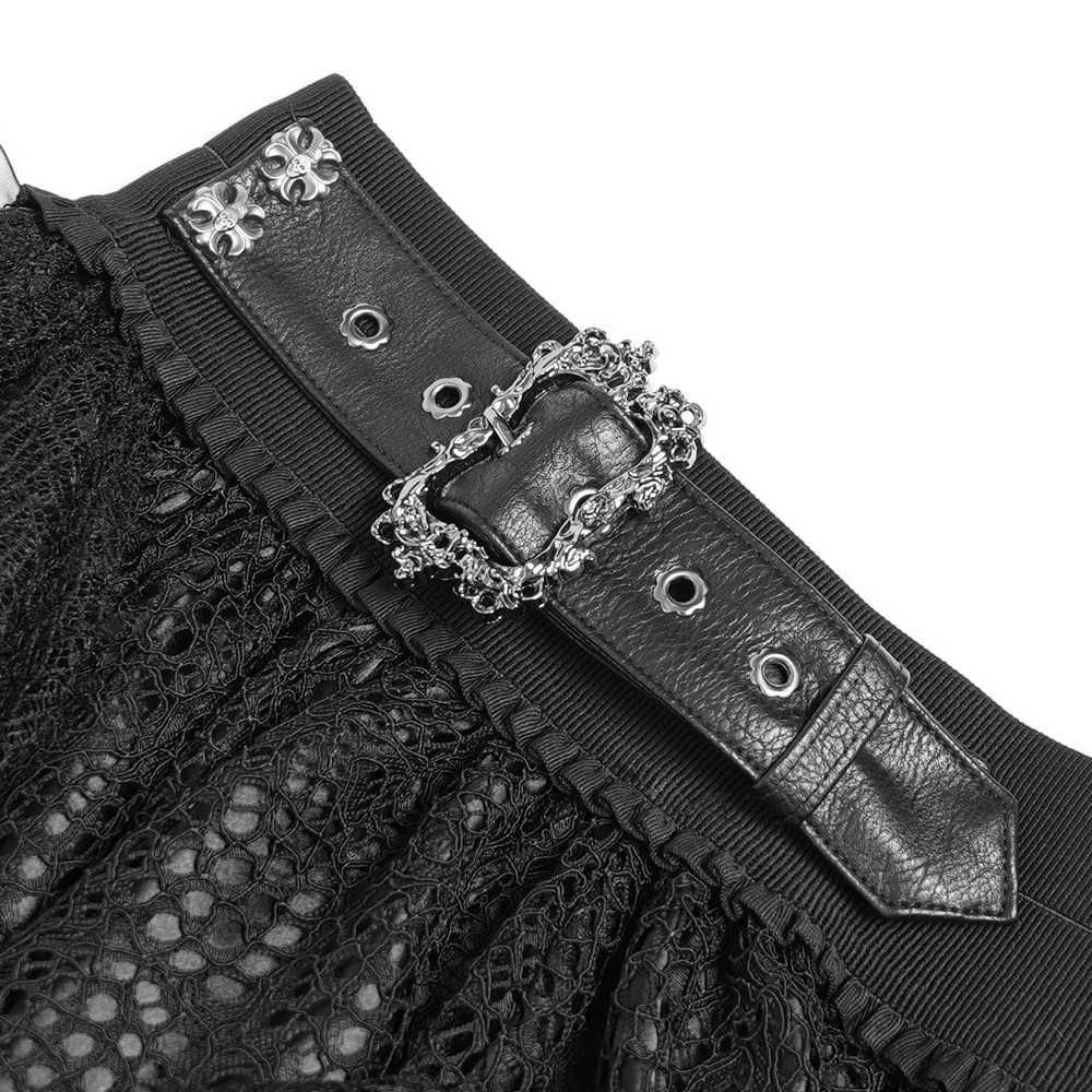 Close-up of black lace skirt waistband featuring ornate buckle and layered ruffles for a gothic steampunk style.