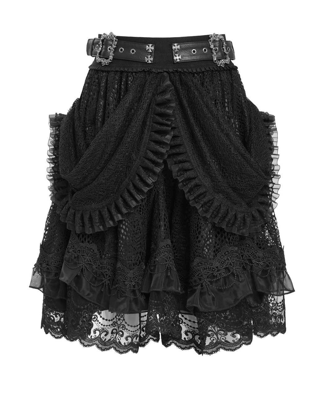Gothic lace layered skirt with belts, ruffled drapes, and intricate lace trim for a striking steampunk look.