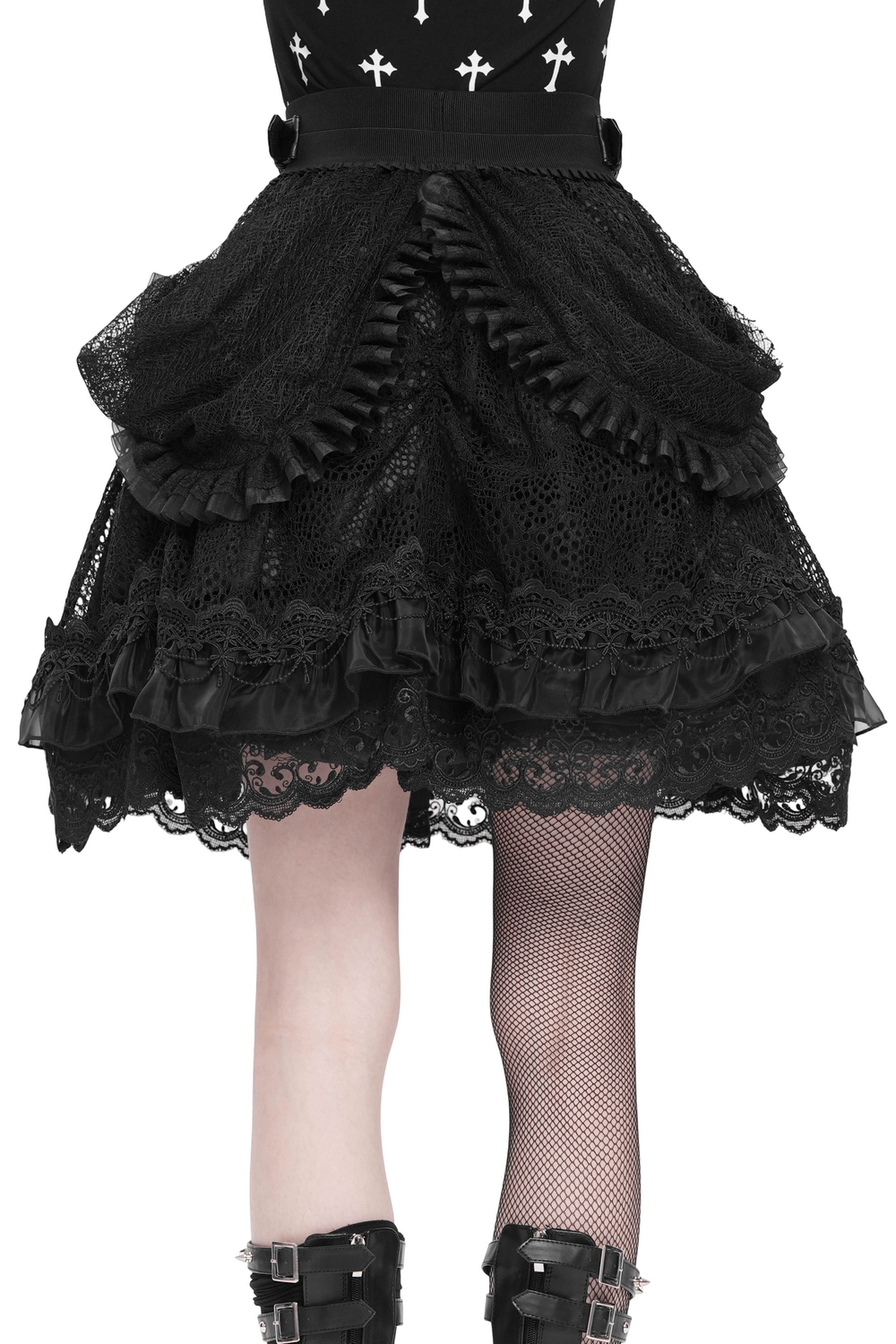 Gothic lace layered skirt with ruffles and buckle straps, perfect for steampunk or alternative fashion.
