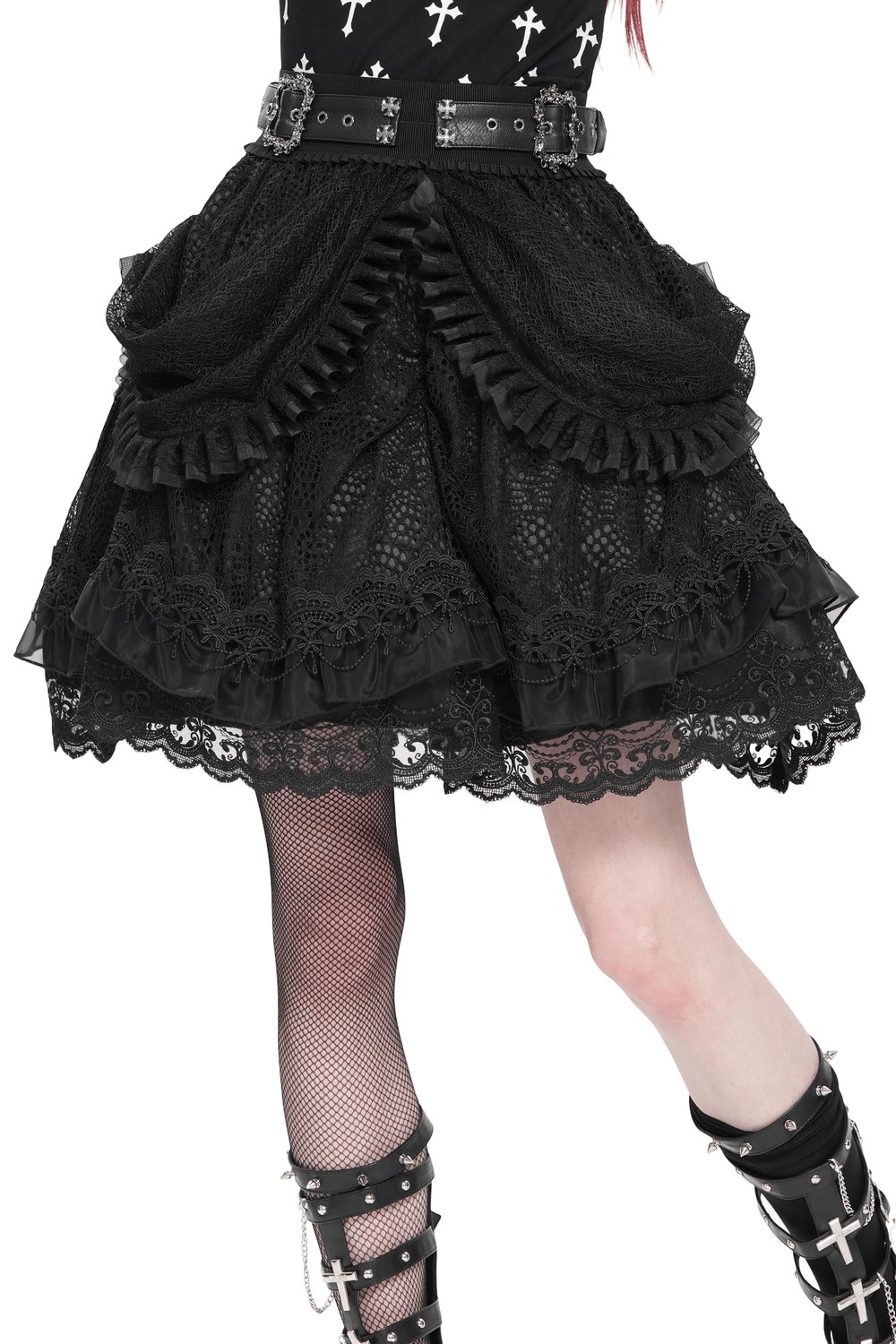 Gothic black lace layered skirt with ruffled drapes and dual buckle belts, perfect for steampunk fashion.