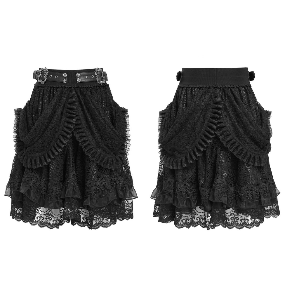 Gothic lace layered skirt with belts and ruffled drapes, featuring an elegant black design for steampunk and Victorian outfits.