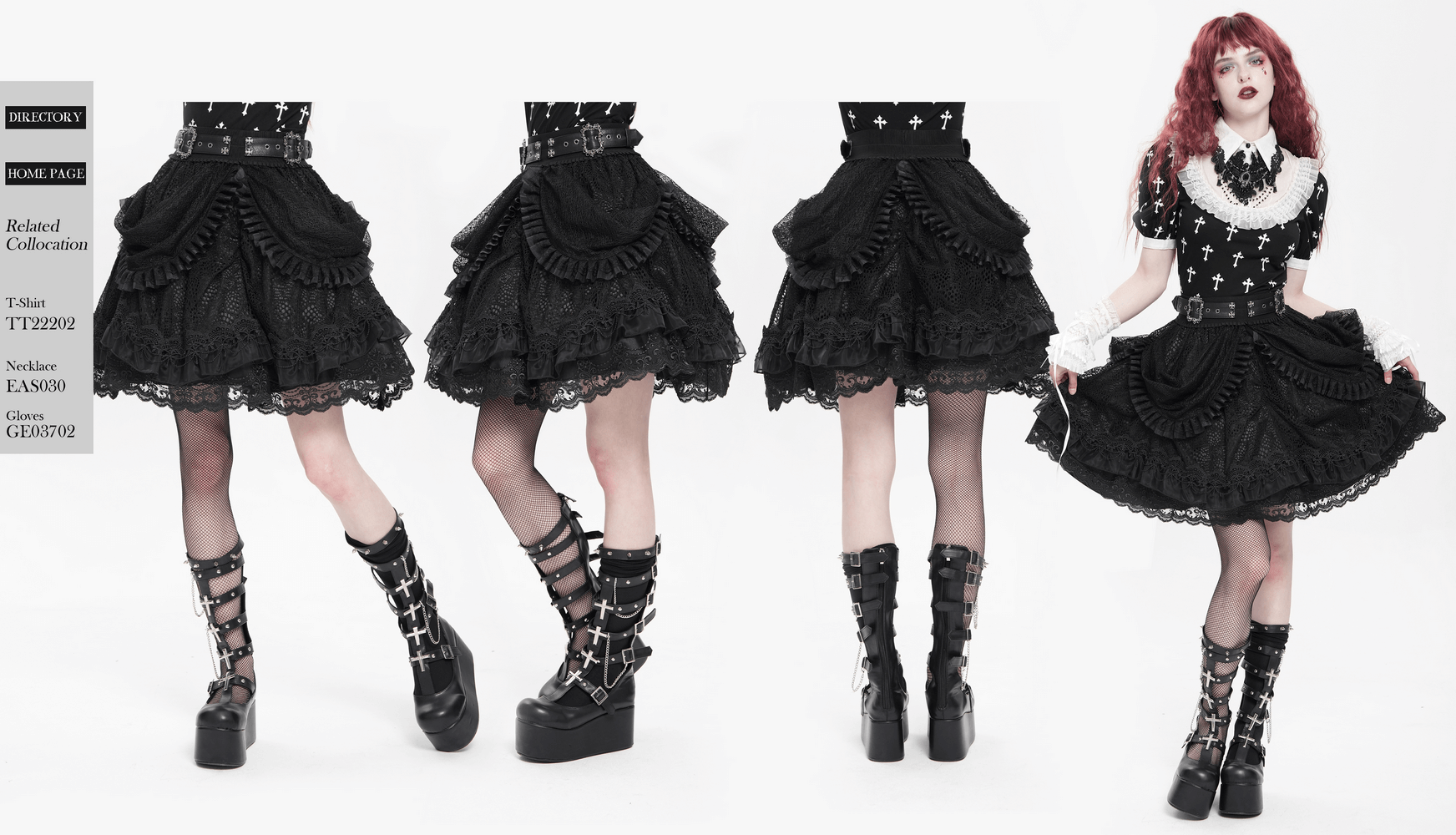 Gothic lace layered skirt featuring belts and ruffled drapes, perfect for steampunk and alternative fashion looks.