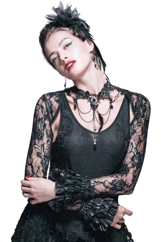 Gothic Lace Long Sleeves Bolero / Women's Black Sexy Shawl with Ruffled Edge - HARD'N'HEAVY