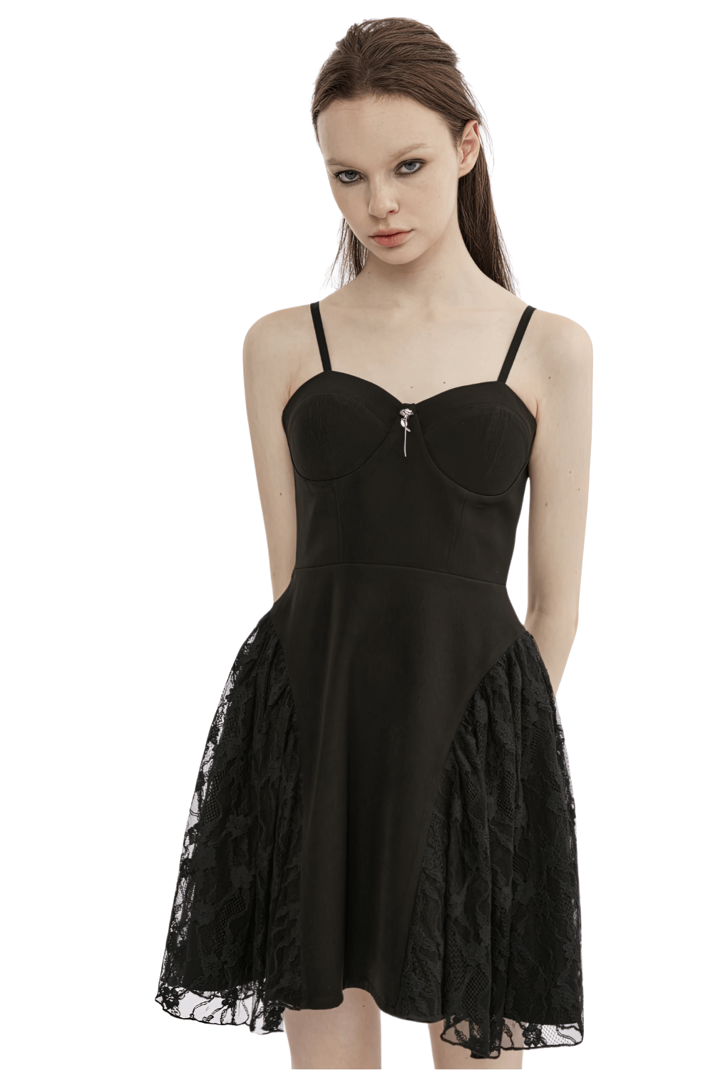 Gothic lace mesh splice slip dress in black with adjustable straps and decorative rose, perfect for punk rave parties.