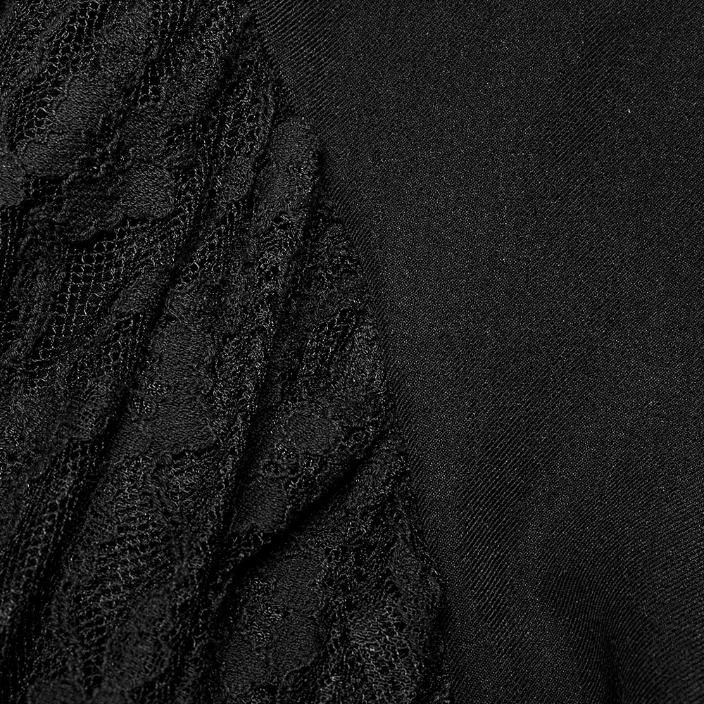 Close-up of gothic black lace and fabric texture on a punk rave slip dress, showcasing mesh and gauze details.