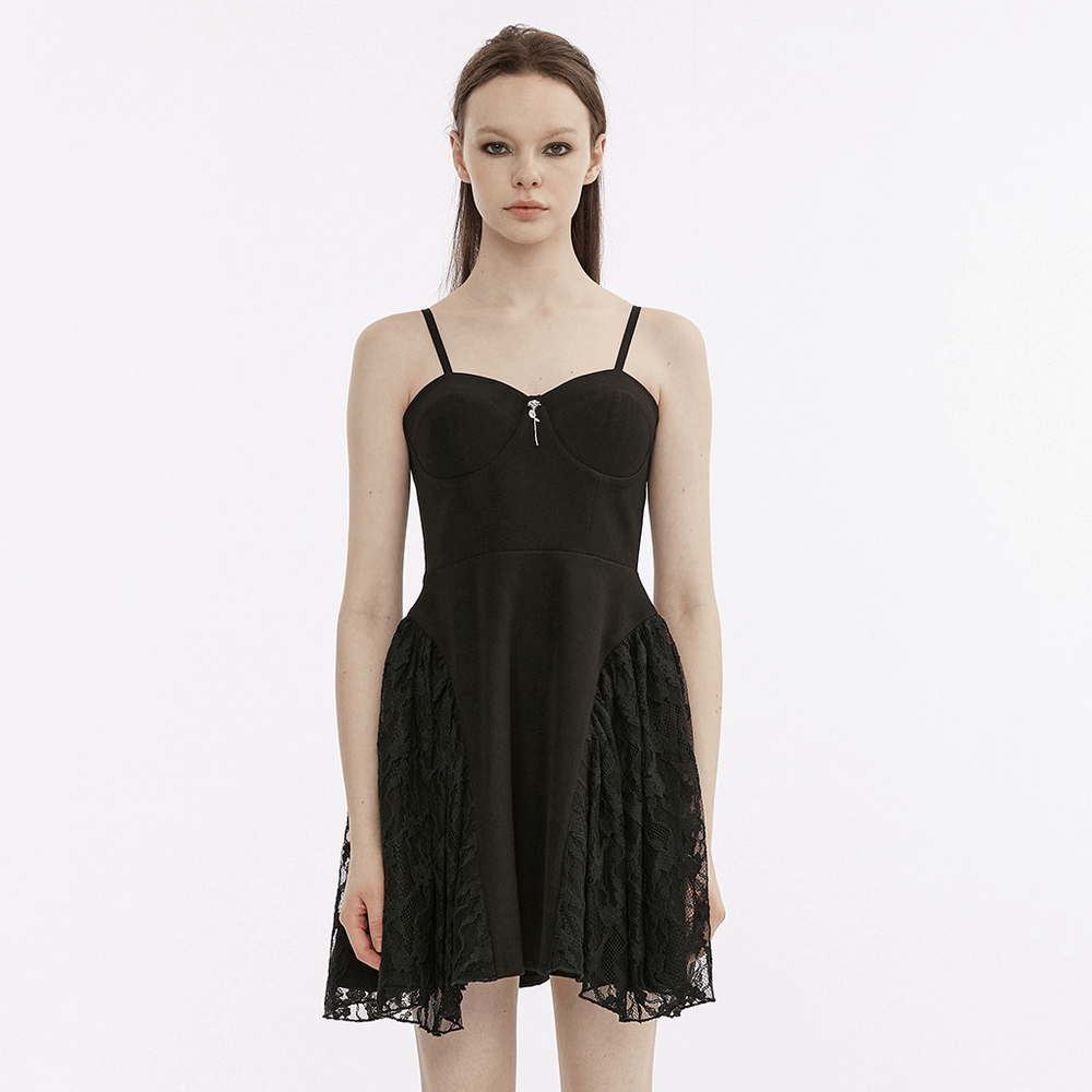 Gothic black lace slip dress with adjustable straps and metal rose detail, perfect for punk rave parties.