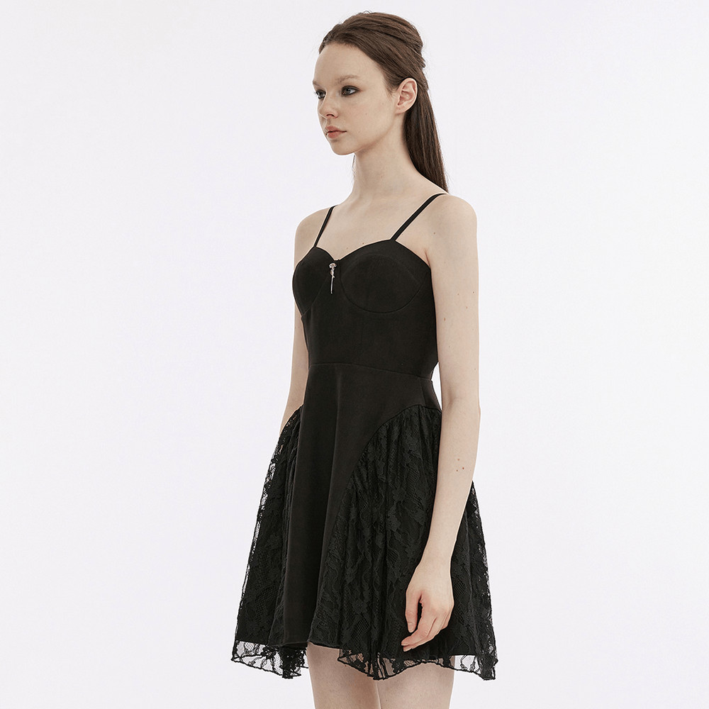 Gothic black lace mesh splice slip dress with adjustable straps, perfect for punk rave parties.