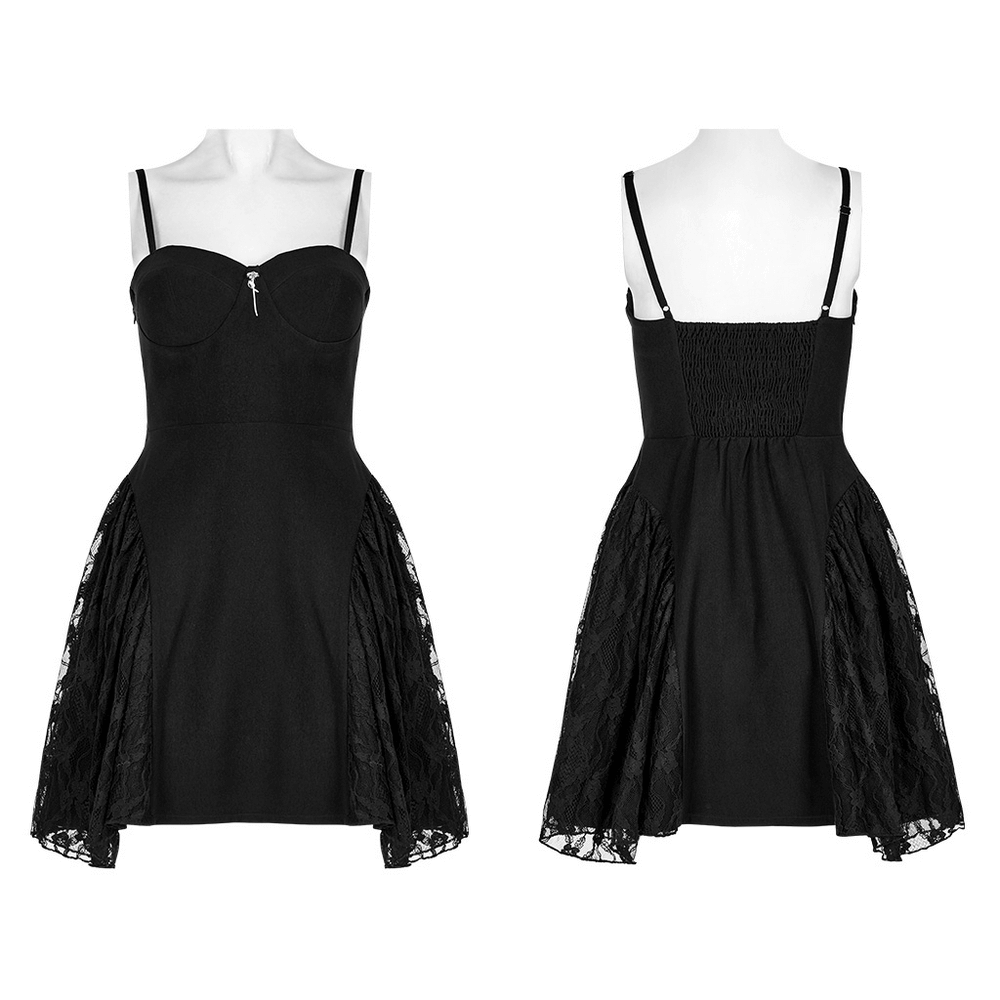 Gothic lace mesh splice slip dress in black, featuring adjustable straps and a metal rose decoration.