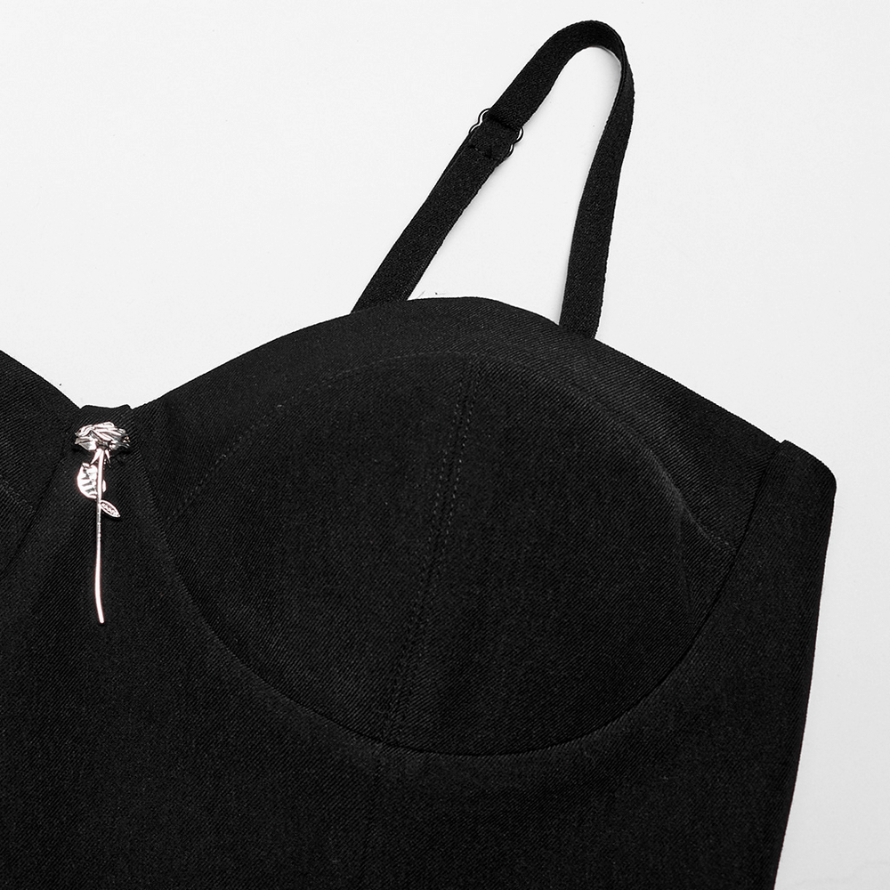 Close-up of the Gothic lace mesh slip dress with a metal rose decoration on the chest, showcasing its punk rave style.