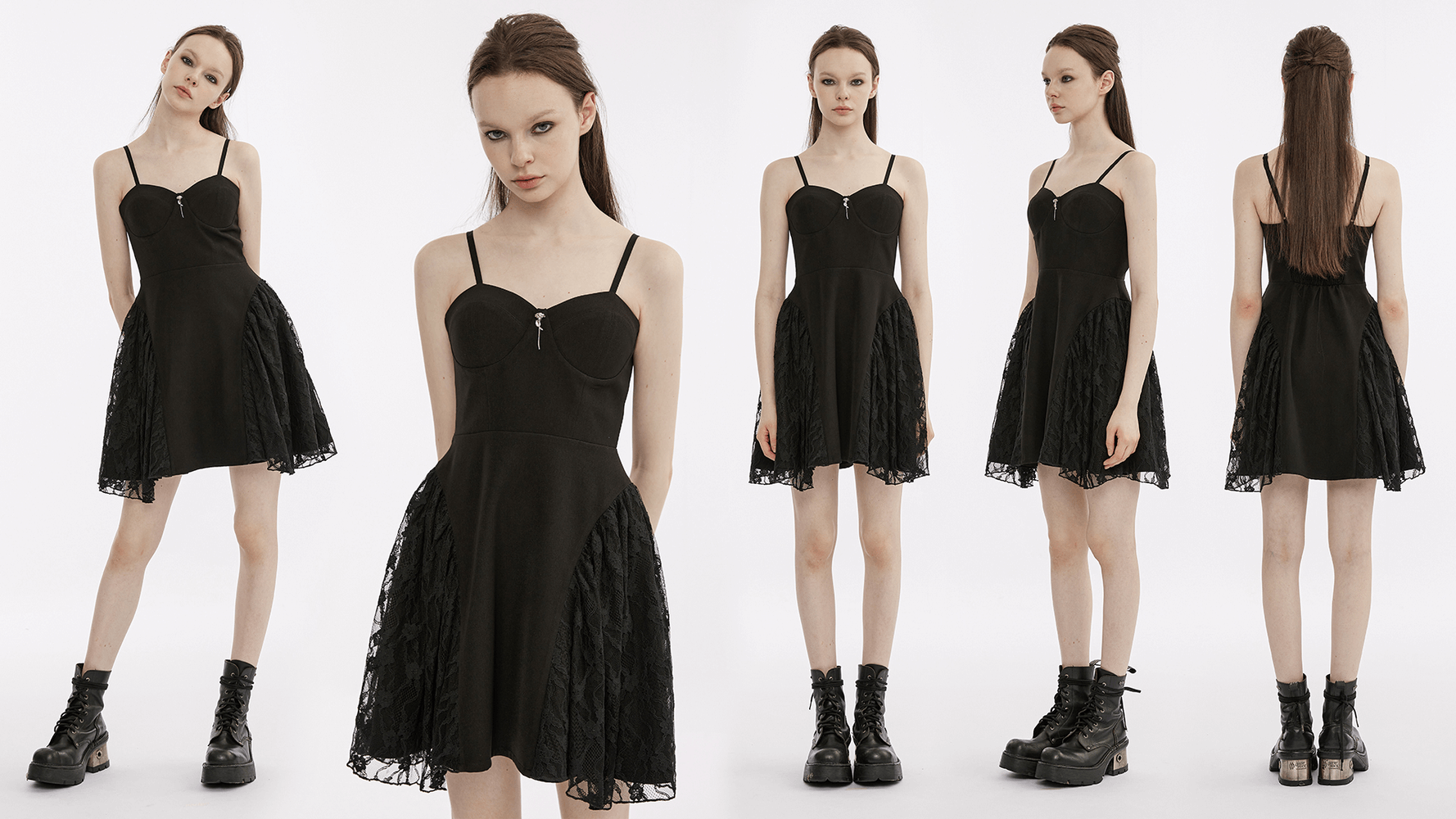 Gothic lace mesh splice black slip dress with adjustable straps, featuring a chic punk rave style and unique rose decoration.