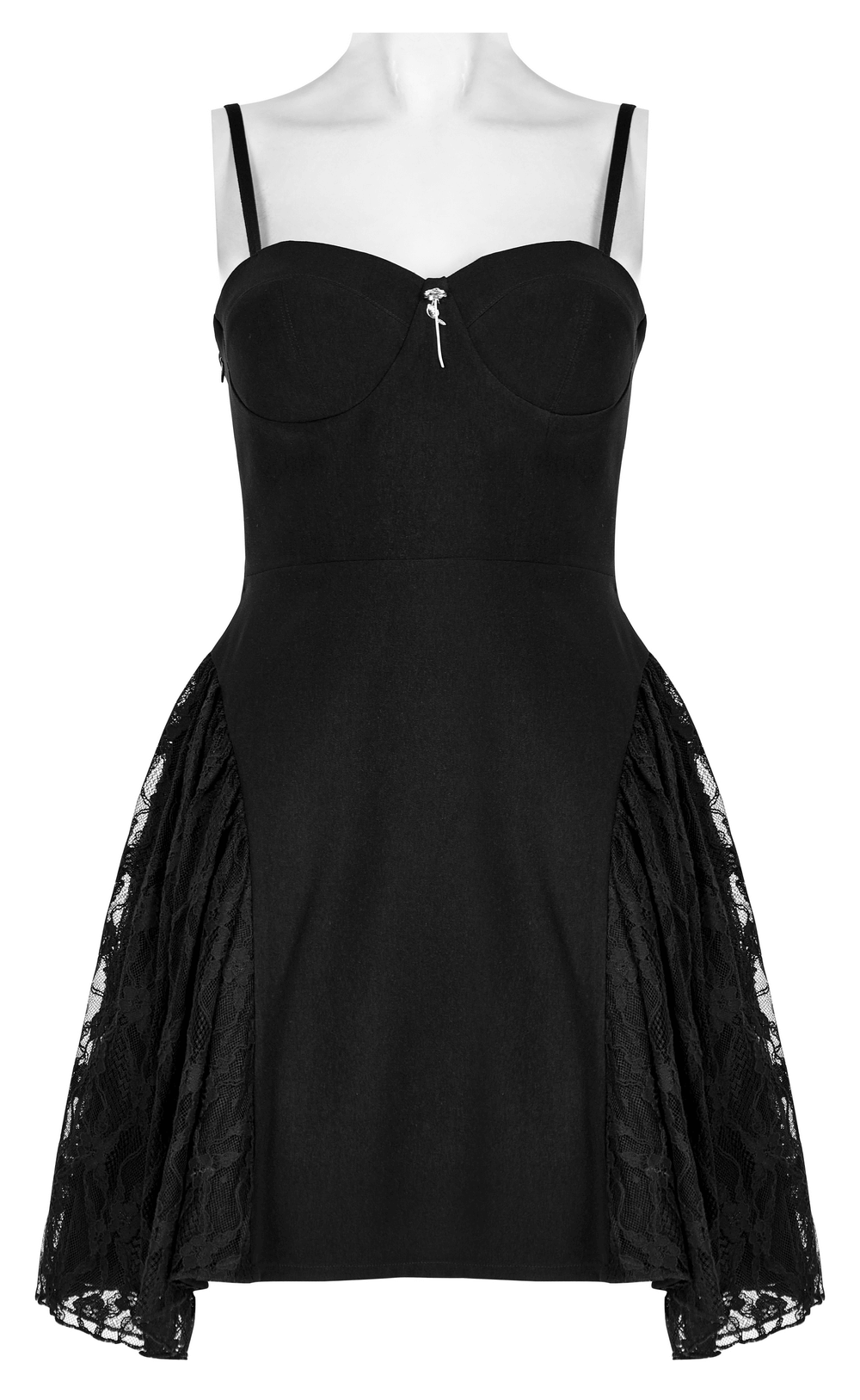 Gothic lace mesh splice slip dress in black with adjustable straps and metal rose accent for punk rave style.