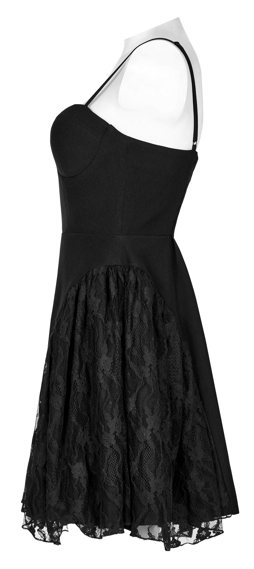 Gothic lace mesh spliced black slip dress with adjustable straps and layered lace detail, perfect for punk rave parties.