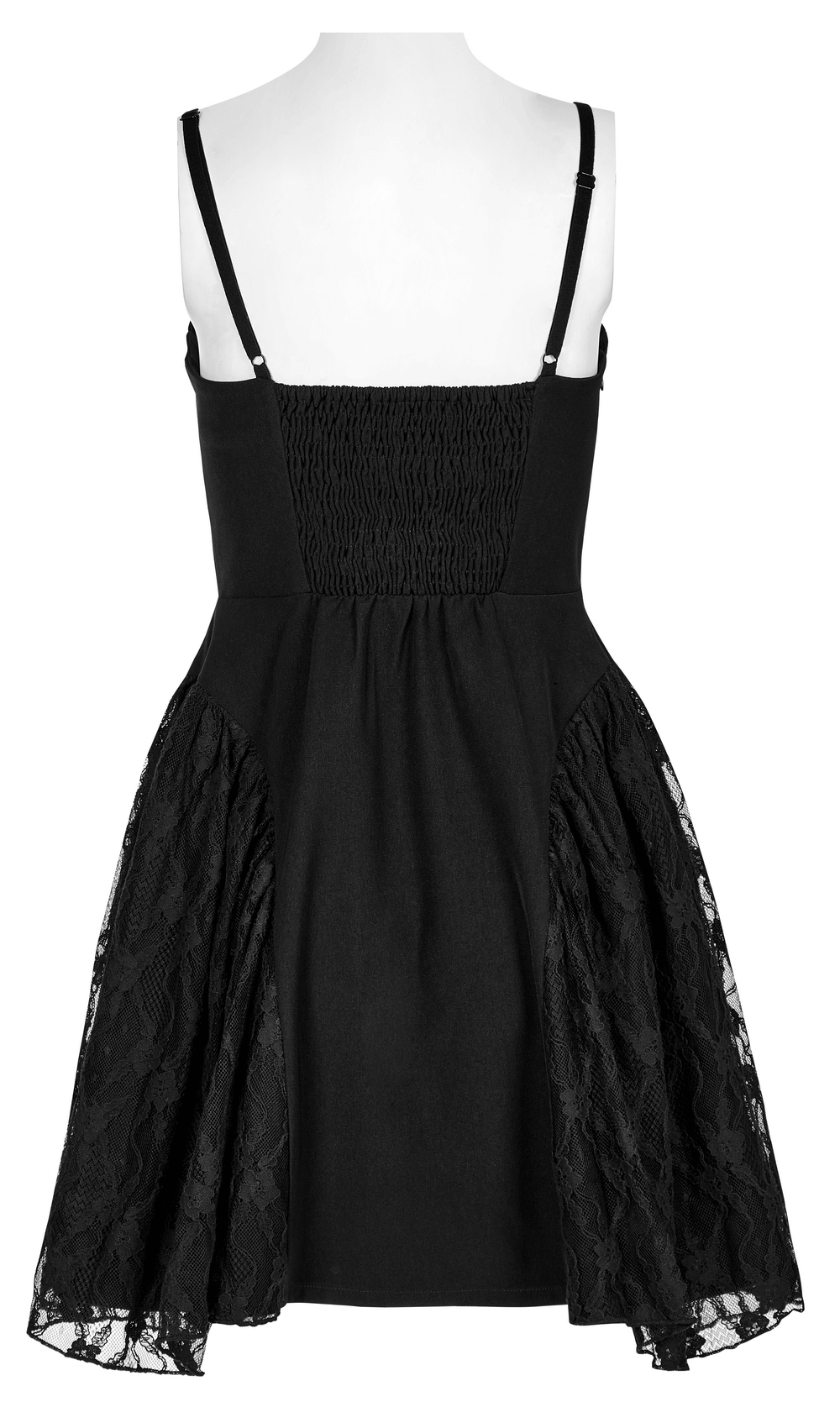 Back view of a Gothic lace mesh splice slip dress, featuring adjustable straps and elegant lace detailing.