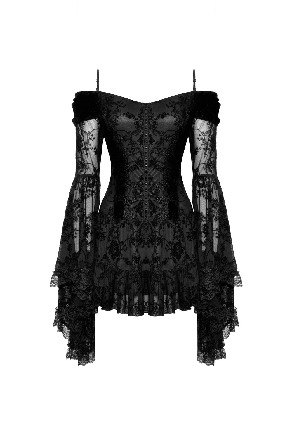 Gothic lace off-shoulder mini dress with bell sleeves and intricate detailing, perfect for elegant occasions.
