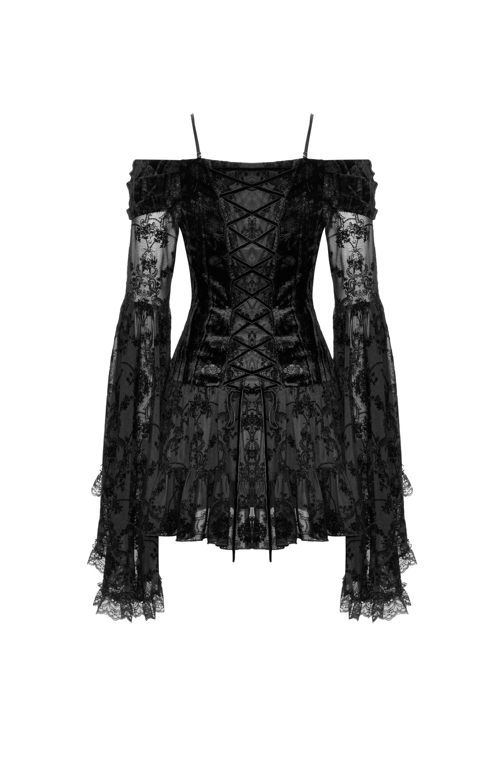 Elegant black lace off-shoulder mini dress with bell sleeves and intricate ruffles, perfect for gothic style enthusiasts.