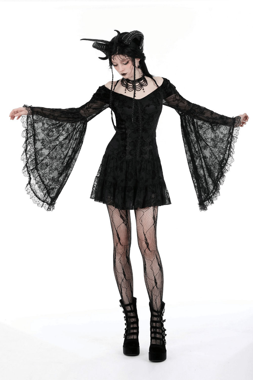 Gothic lace mini dress with off-shoulder design and bell sleeves, perfect for a bold vintage look.
