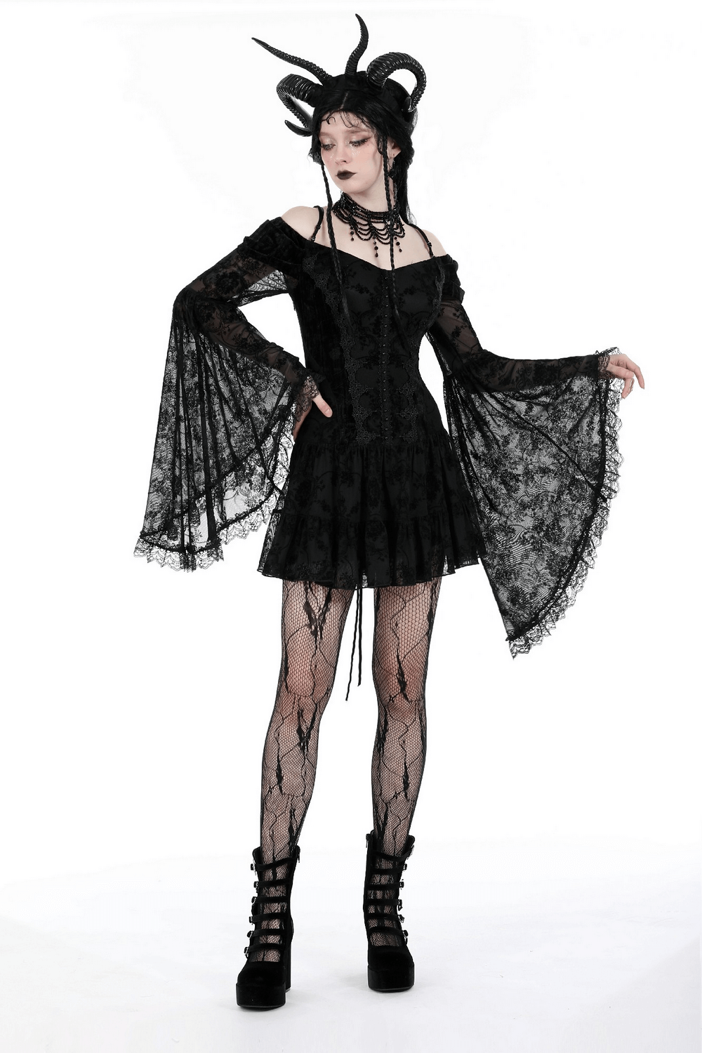Gothic Lace Off-Shoulder Dress with Bell Sleeves
