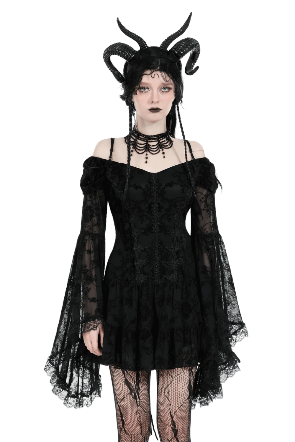 Gothic lace off-shoulder mini dress with bell sleeves in black, perfect for a bold, elegant look.