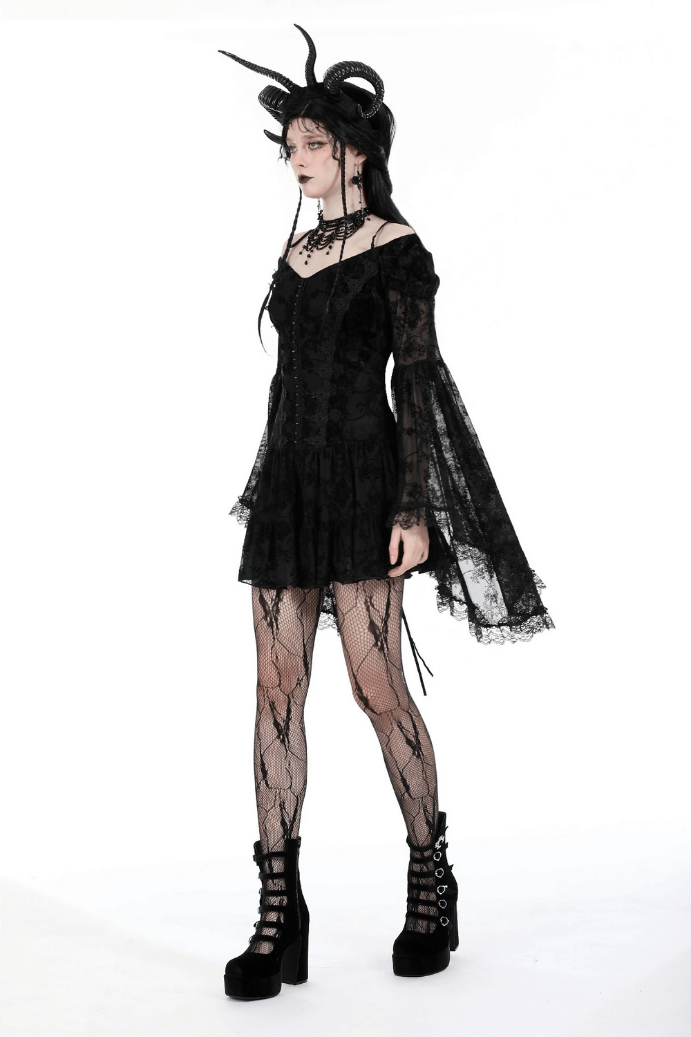 Elegant Gothic lace off-shoulder dress with bell sleeves, paired with stylish platform shoes and edgy accessories.