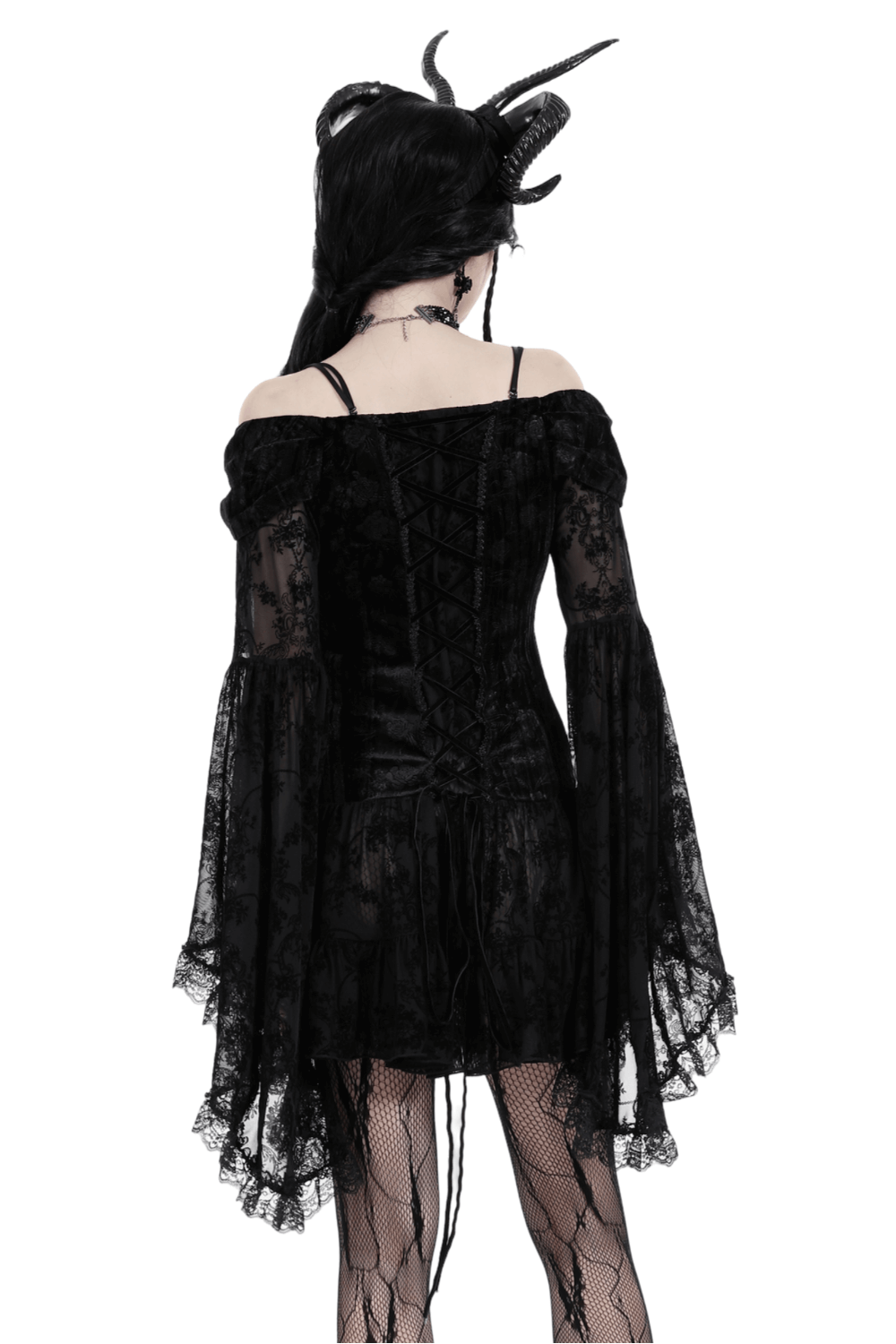 Back view of a gothic lace off-shoulder mini dress with bell sleeves and laced detailing, perfect for elegant occasions.