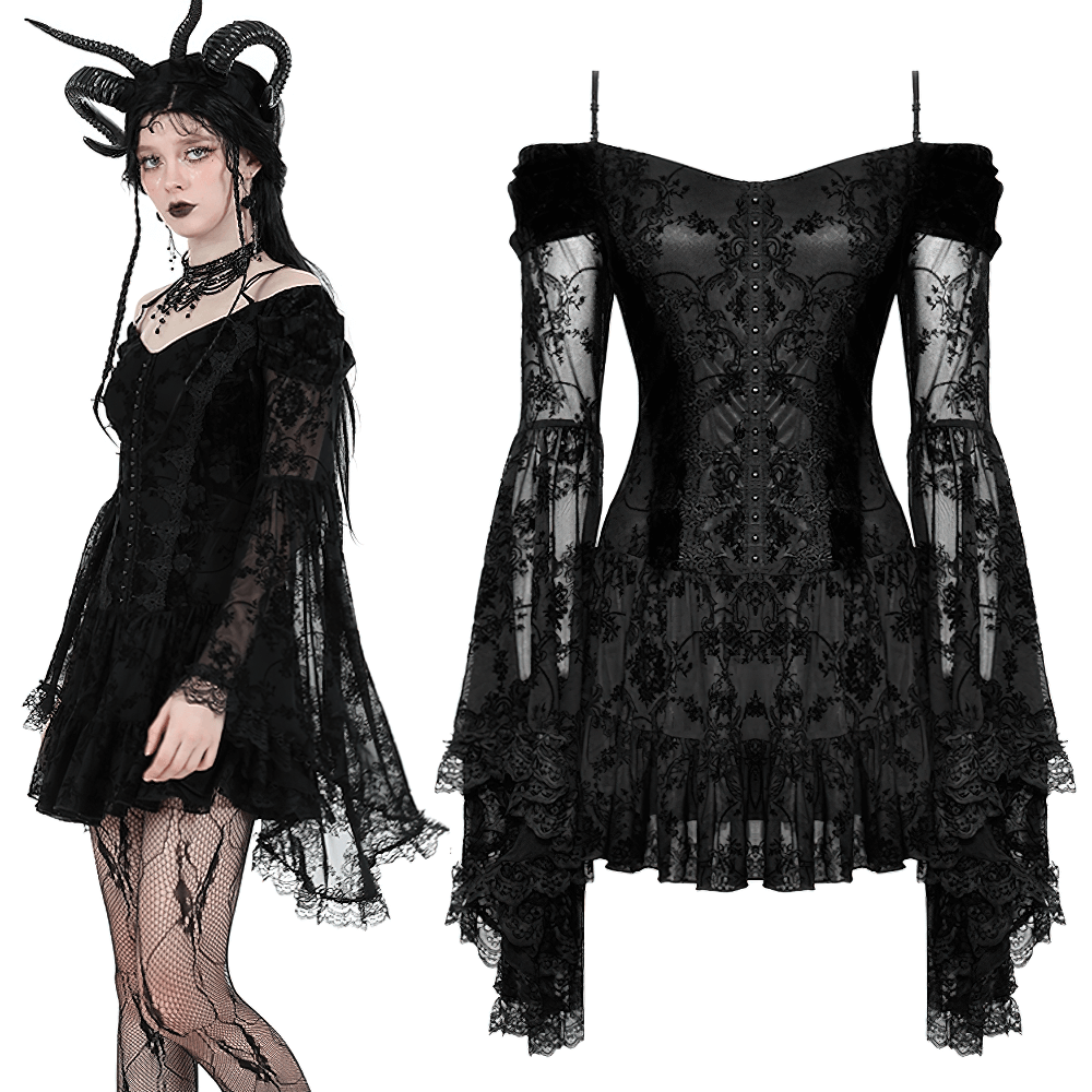 Gothic lace off-shoulder mini dress with bell sleeves, showcasing intricate patterns and vintage flair.