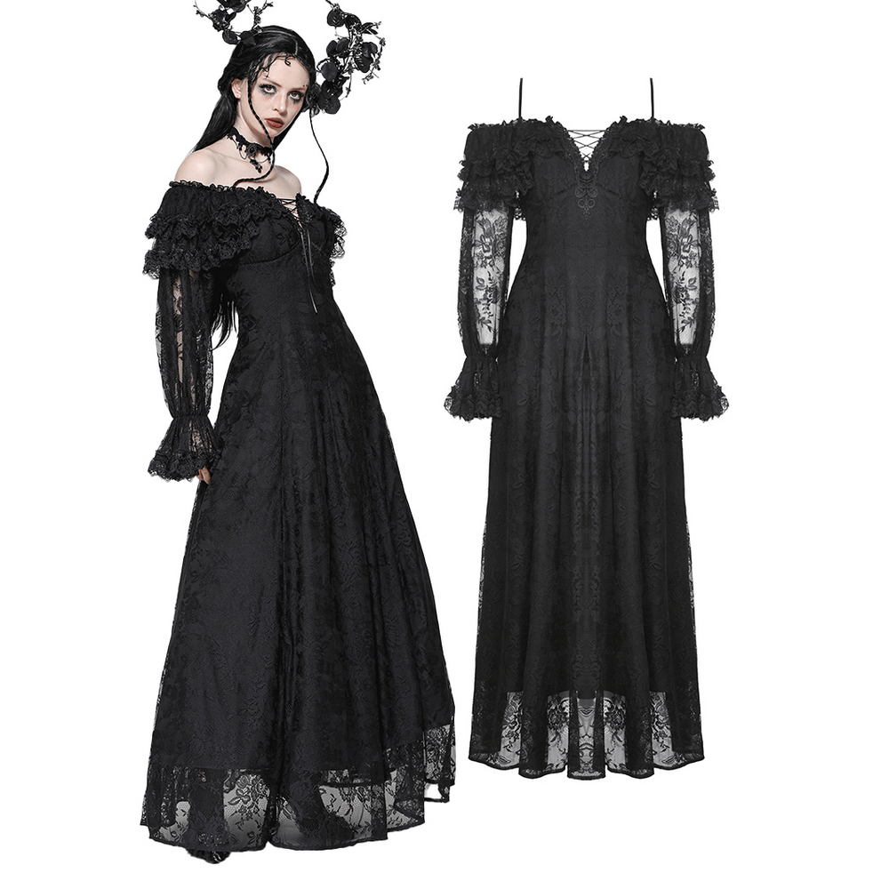 Gothic lace off-shoulder dress with corset back, ruffles, and dramatic sleeves, perfect for standout style.