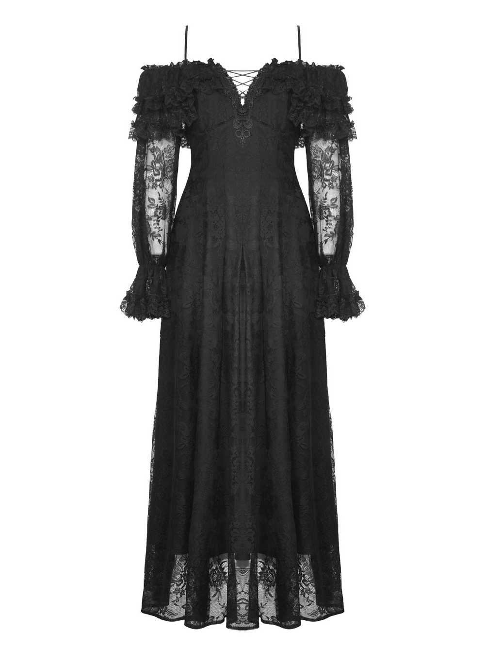 Gothic lace off-shoulder dress with corset back and ruffles, perfect for a dramatic and stylish look.