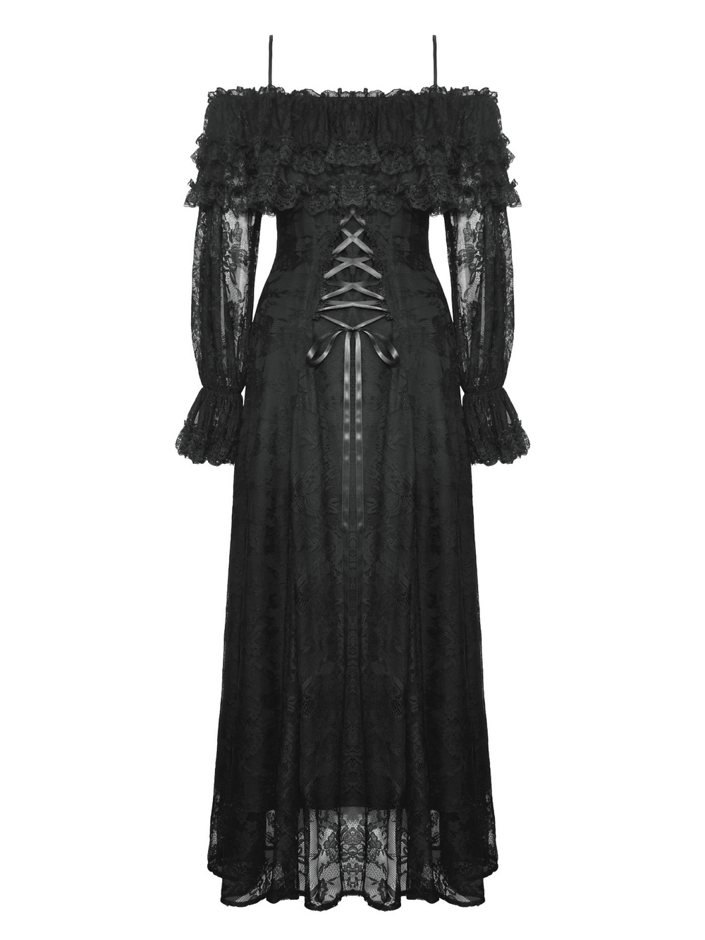 Gothic lace off-shoulder dress with corset back and ruffled sleeves, perfect for a dark romantic look.