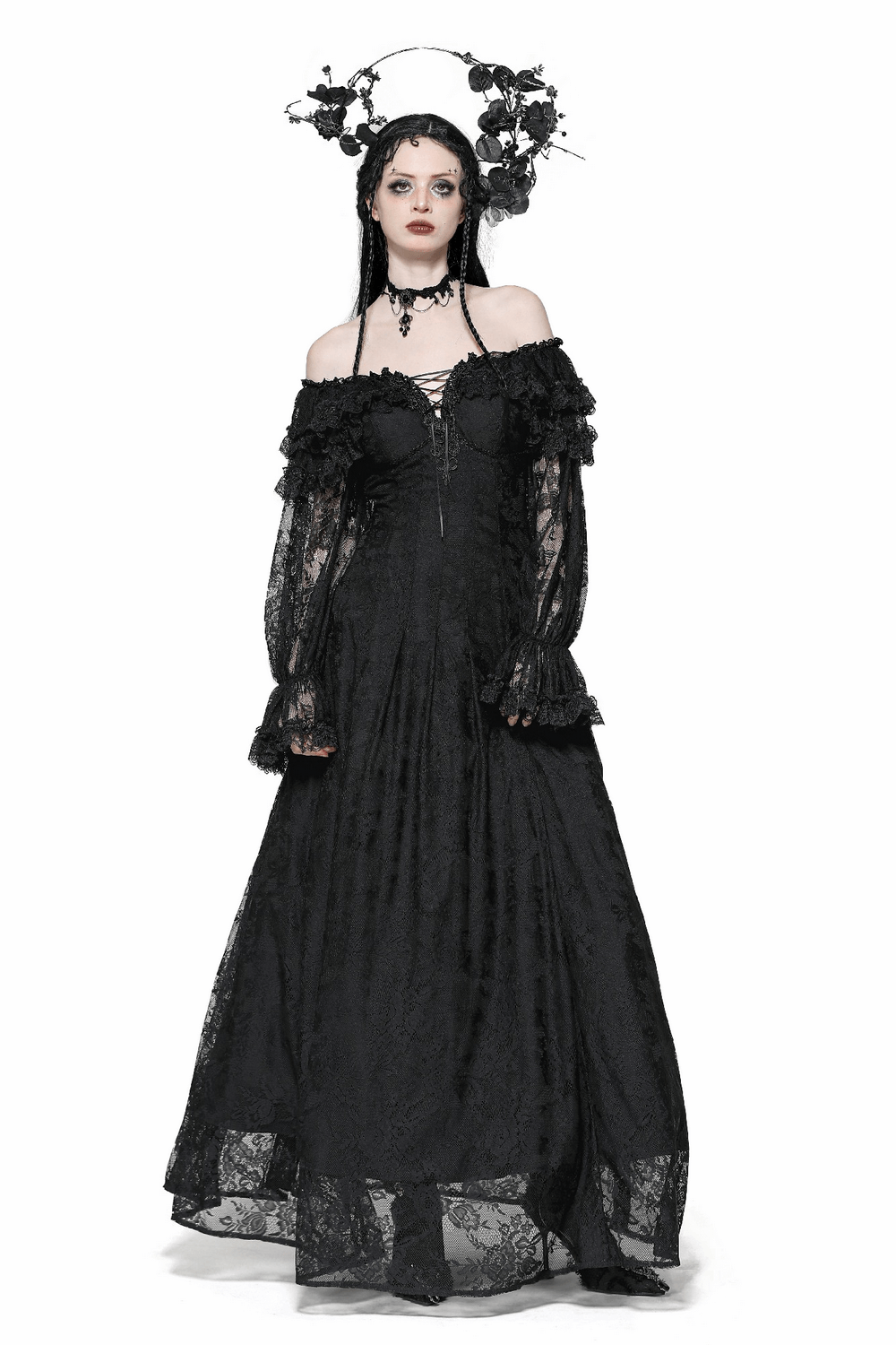 Gothic lace off-shoulder dress featuring a corset back and ruffles, perfect for dark romantic styles.