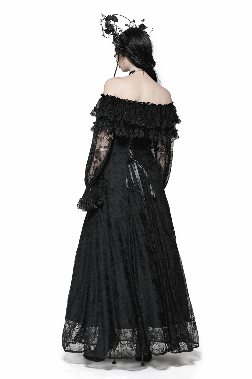 Gothic lace off-shoulder dress featuring a corset back and ruffles, perfect for a dramatic and elegant look.