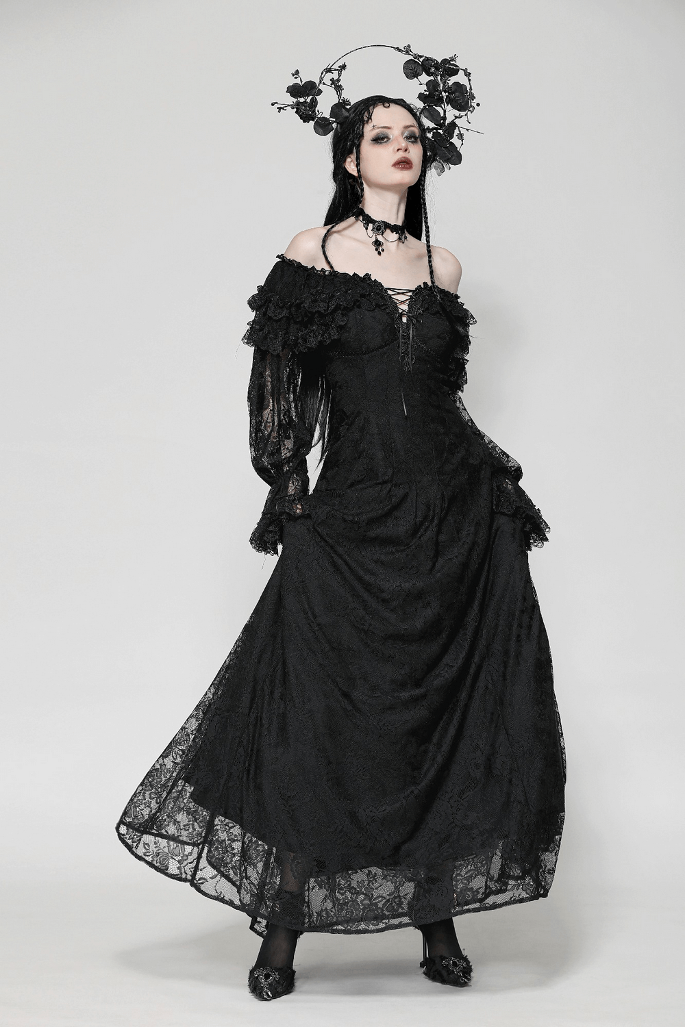 Gothic lace off-shoulder dress with corset back and ruffles, perfect for romantic dark fashion lovers.