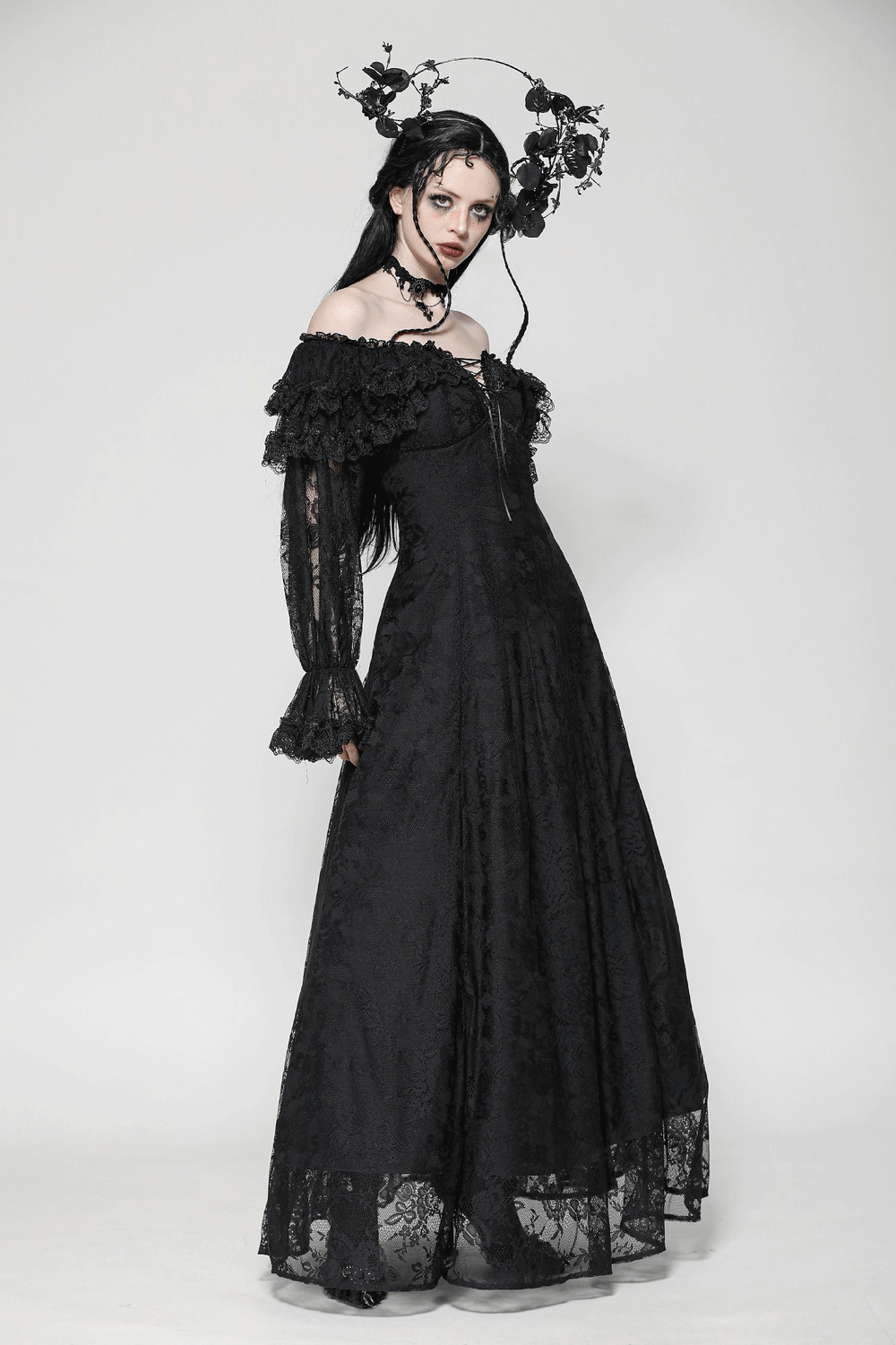 Gothic lace off-shoulder dress featuring corset back and elegant ruffles, perfect for a dramatic look.