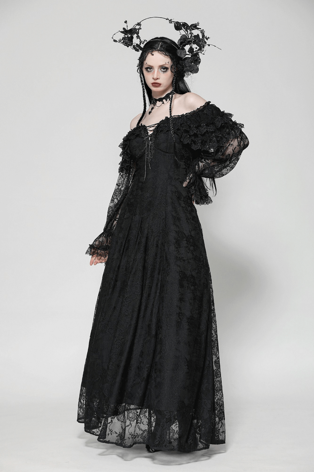 Gothic lace off-shoulder dress with corset back and ruffles, perfect for dark romantic styles.